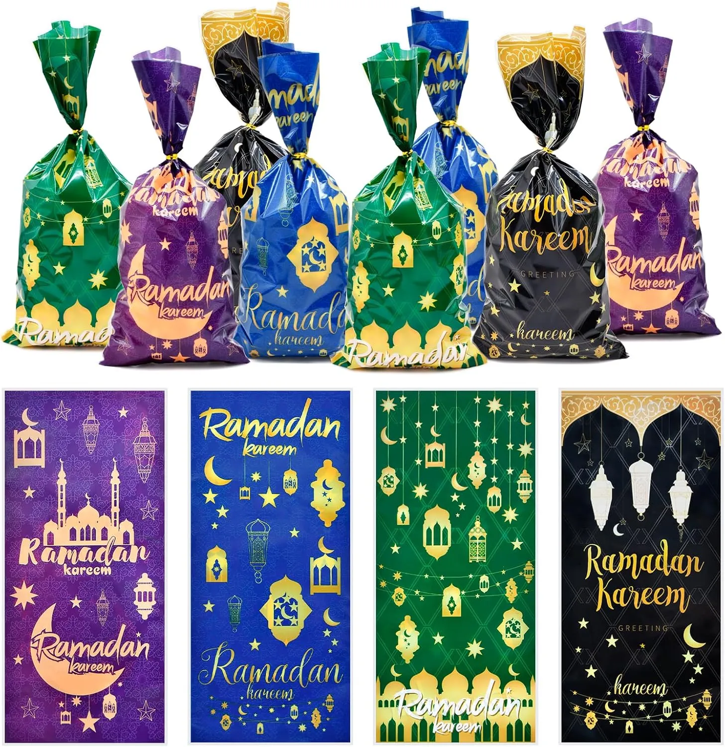 160 Pieces 4 Styles Ramadan Kareem Cellophane Treat Candy Bags with Twist Ties, Islamic Lantern and Moon Designs Clear Goodie Bags for Kids Gifts, Party Favors, and Holiday Snacks Decorations