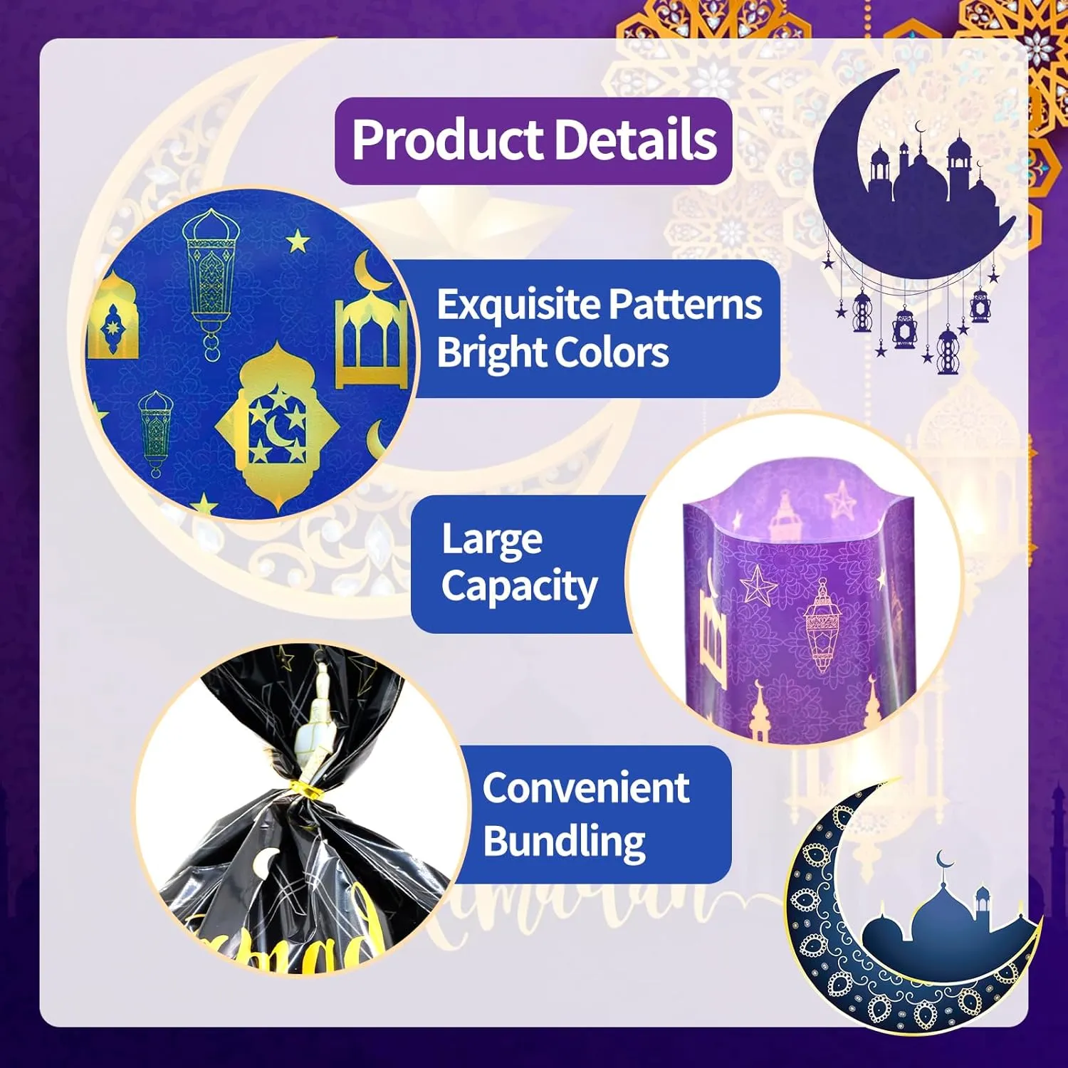 160 Pieces 4 Styles Ramadan Kareem Cellophane Treat Candy Bags with Twist Ties, Islamic Lantern and Moon Designs Clear Goodie Bags for Kids Gifts, Party Favors, and Holiday Snacks Decorations