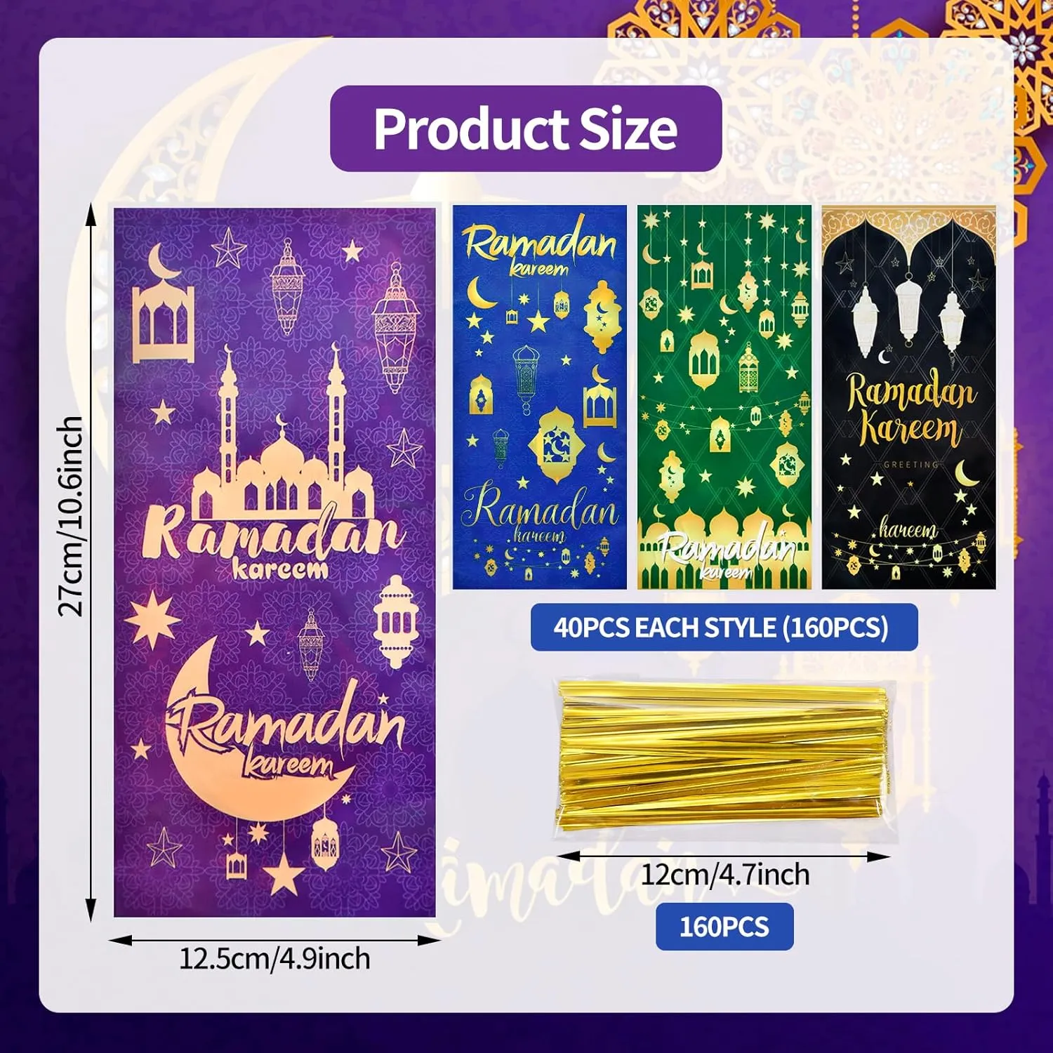 160 Pieces 4 Styles Ramadan Kareem Cellophane Treat Candy Bags with Twist Ties, Islamic Lantern and Moon Designs Clear Goodie Bags for Kids Gifts, Party Favors, and Holiday Snacks Decorations