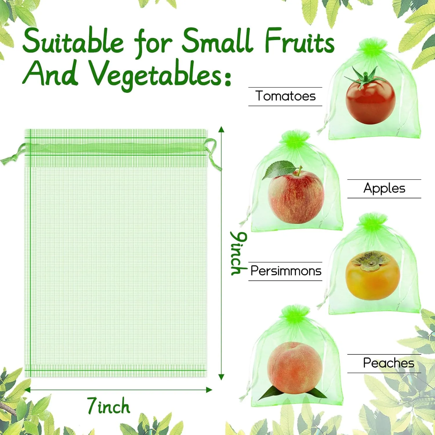 60 Pcs Fruit Protection Bags 7''x9'' Fruit Net Bags with Drawstring Bag for Fruit, Vegetable Net Cover Mesh Bag for Protecting Fruits(Fruit Green,7 x 9 Inch)
