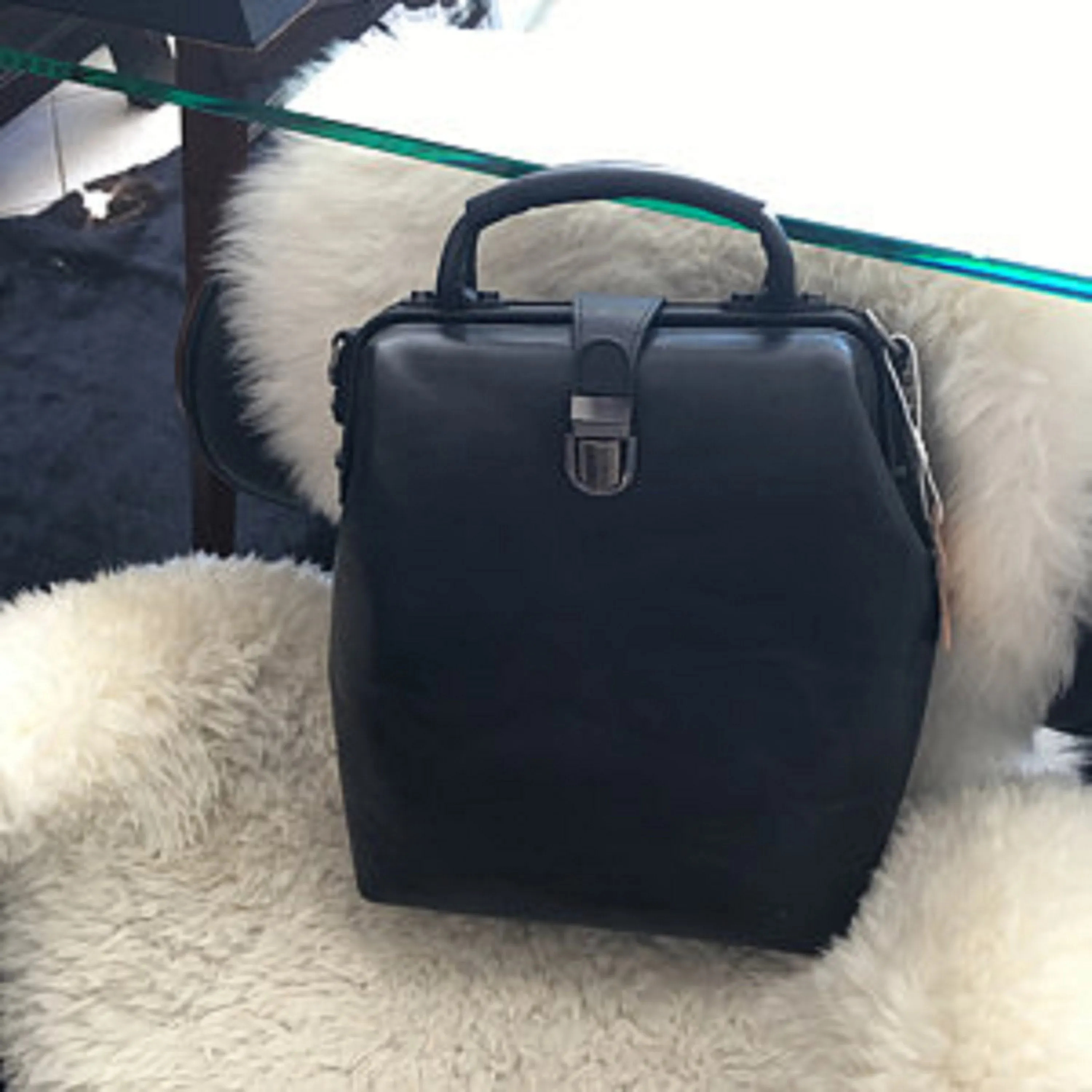 Black Convertible Crossbody Leather Doctor Bag Backpack Purse