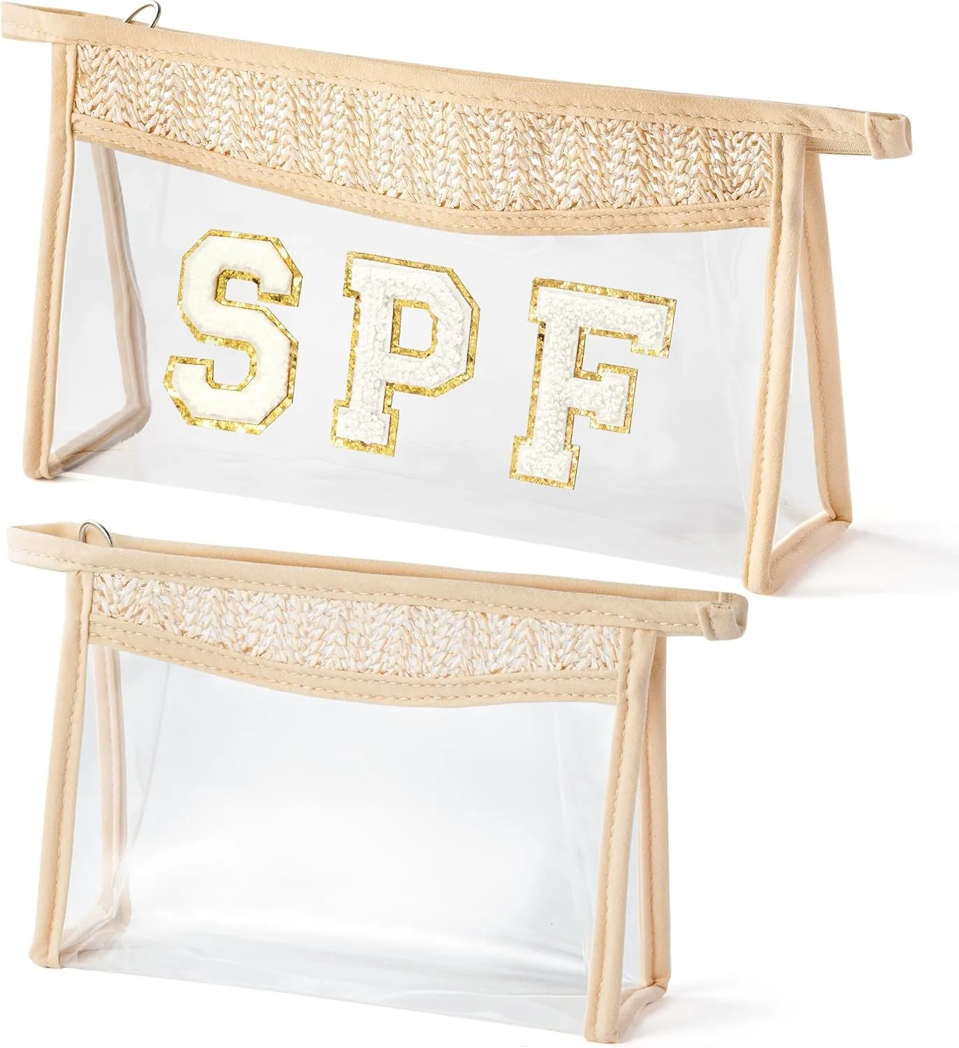 Boho Patch Cosmetic Bags - 2Pcs Summer White SPF Chenille Varsity Letter Toiletry Kit Boho Small Clear Waterproof Portable Woven Makeup Bag Purse Travel Toiletry Pouch Gifts for Women Girls