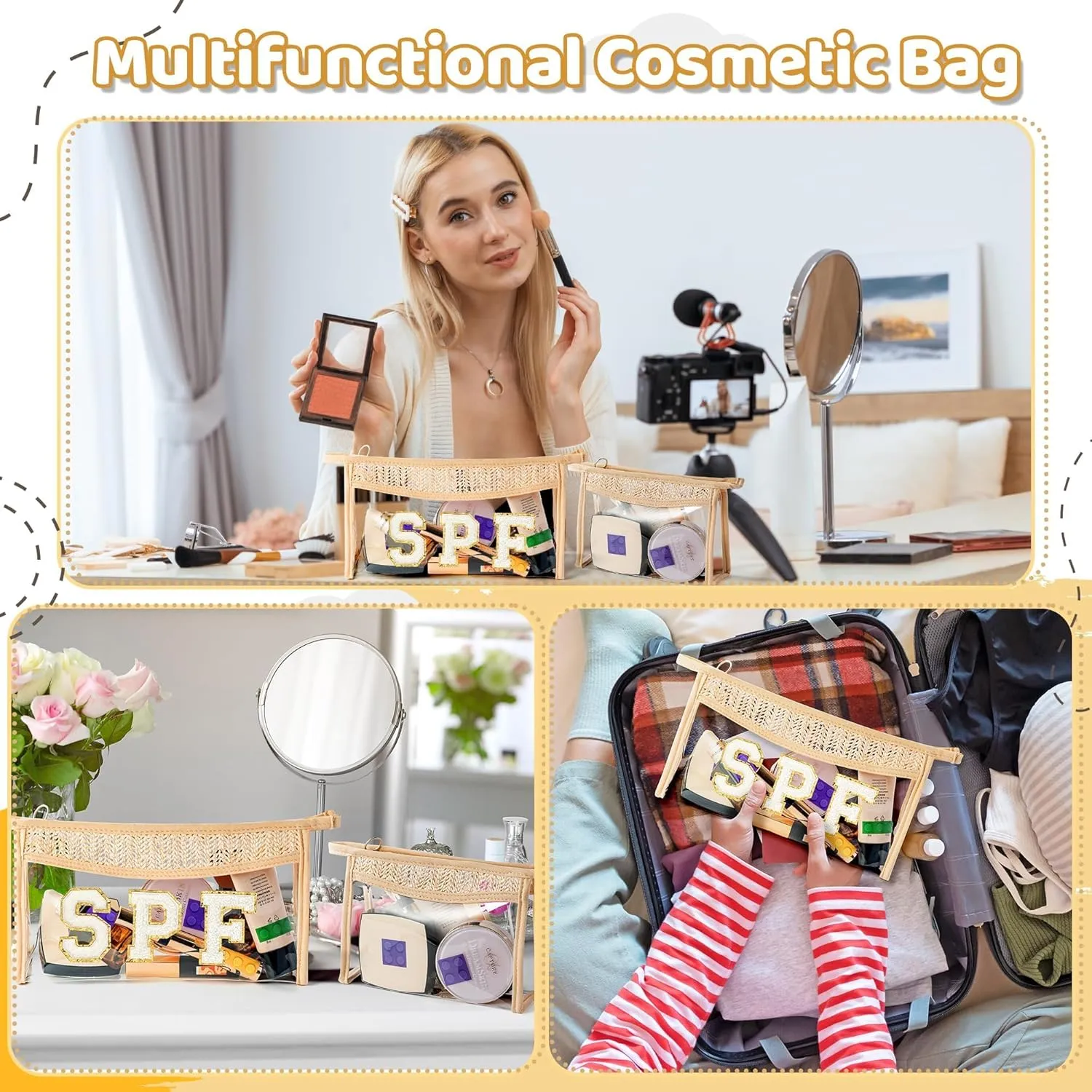 Boho Patch Cosmetic Bags - 2Pcs Summer White SPF Chenille Varsity Letter Toiletry Kit Boho Small Clear Waterproof Portable Woven Makeup Bag Purse Travel Toiletry Pouch Gifts for Women Girls