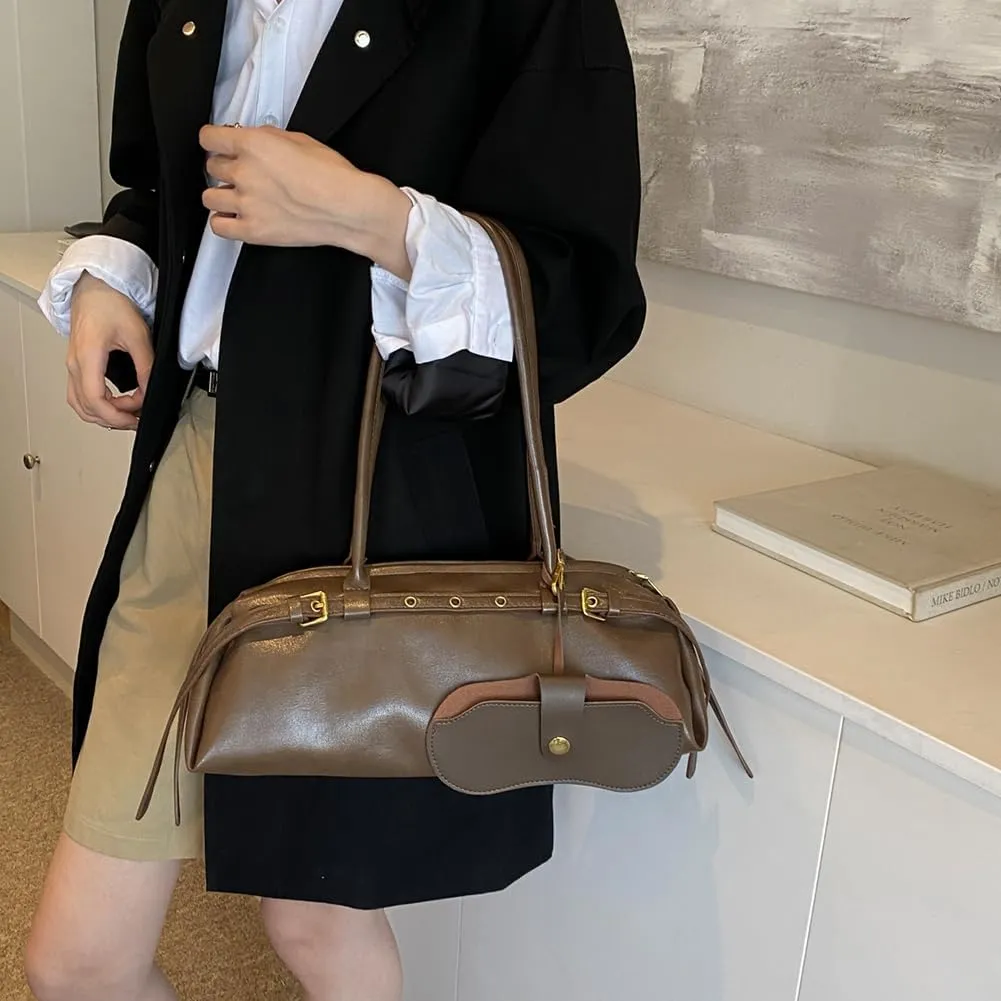 Boston Shoulder Bags for Women Cherry Purse Underarm Bag PU Leather Casual Bowling Bag Purse Retro Tote Bag