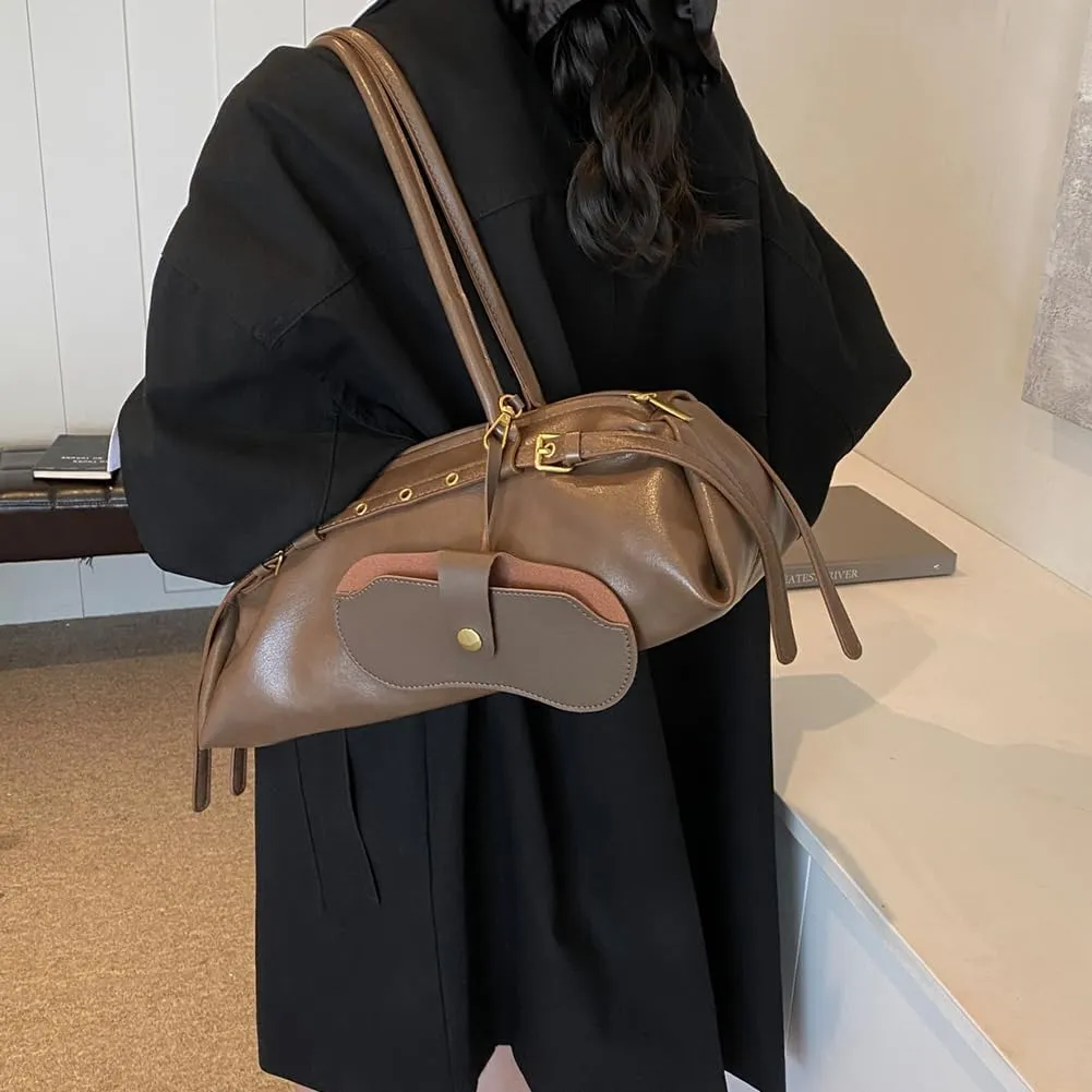 Boston Shoulder Bags for Women Cherry Purse Underarm Bag PU Leather Casual Bowling Bag Purse Retro Tote Bag