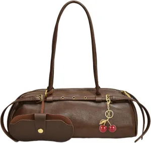 Boston Shoulder Bags for Women Cherry Purse Underarm Bag PU Leather Casual Bowling Bag Purse Retro Tote Bag