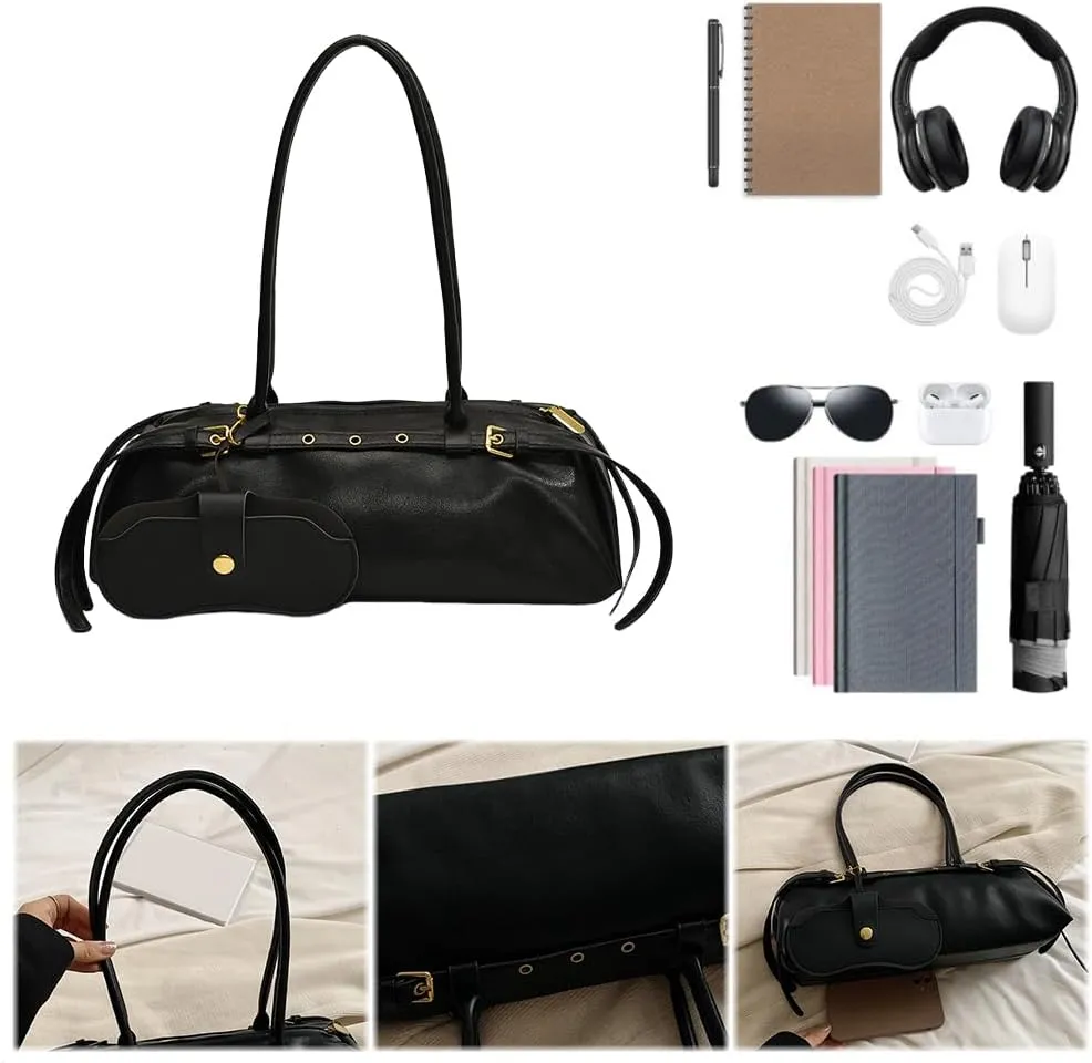 Boston Shoulder Bags for Women PU Leather Tote Bag Casual Bowling Bag Purse Retro Underarm Bag