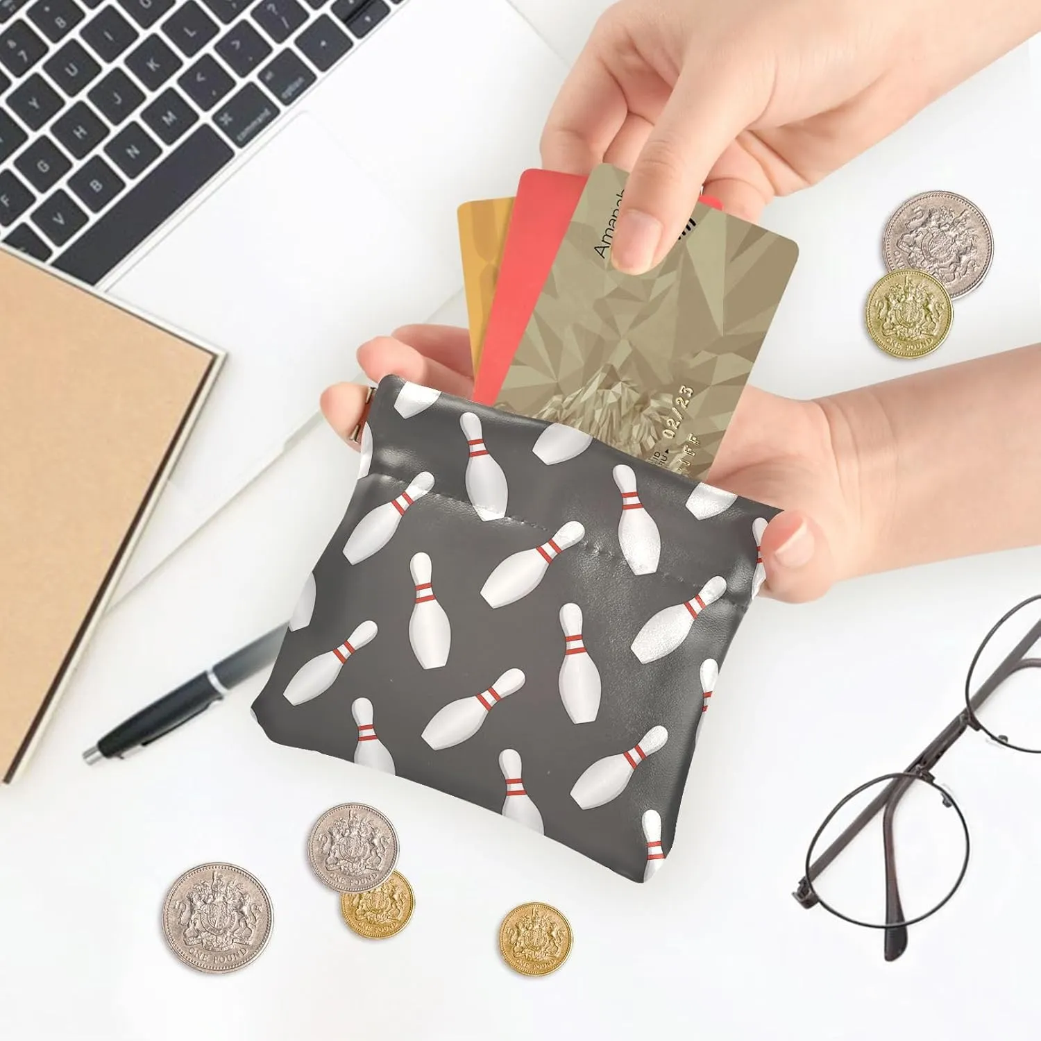 Bowling Pins Mini Coin Purse, Leather Small Coin Wallet, Leather Squeeze Coin Purse Pouch Change Holder For Men & Women