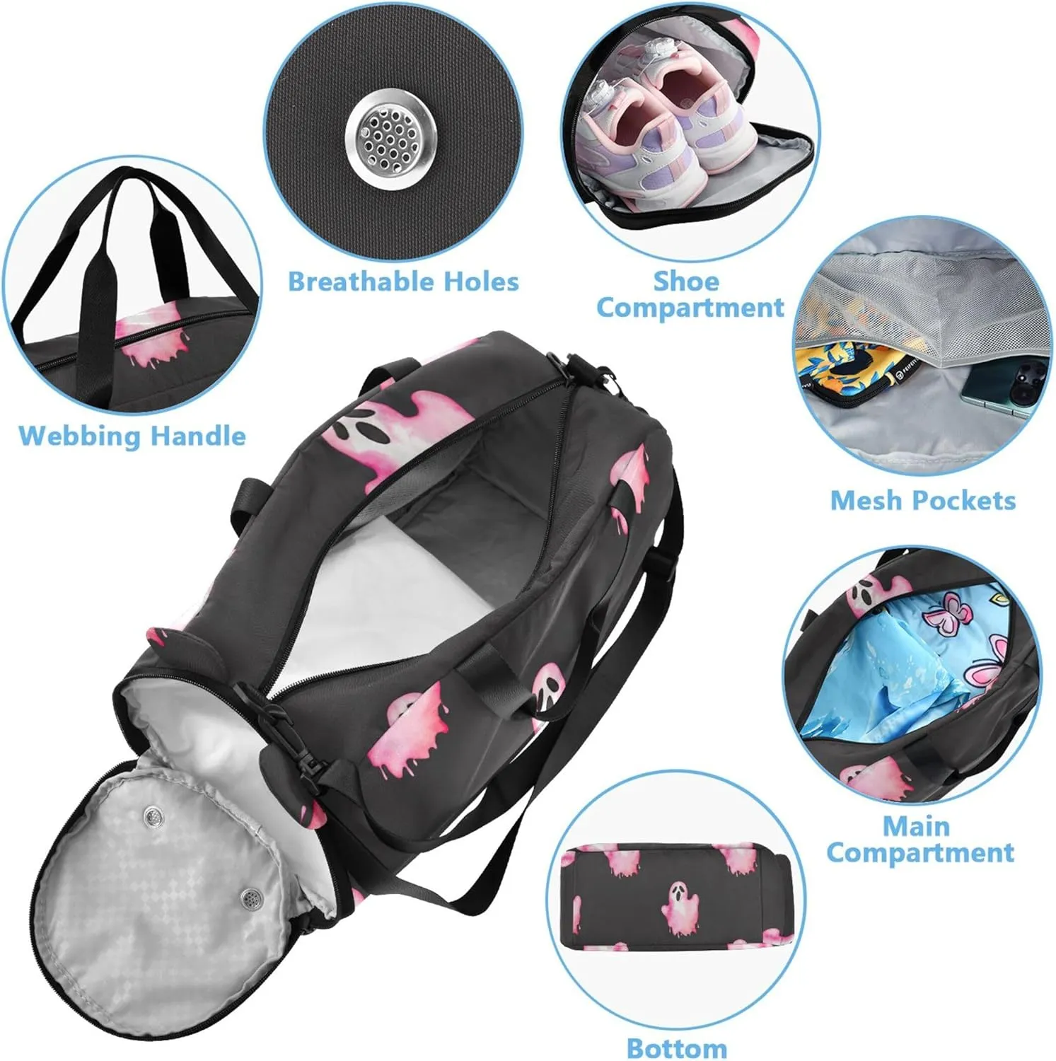 Boys Carry on Duffel Bag Weekender Overnight Pink Ghost Black Girls Tote Duffle Bags Travel Dance Duffle Bag