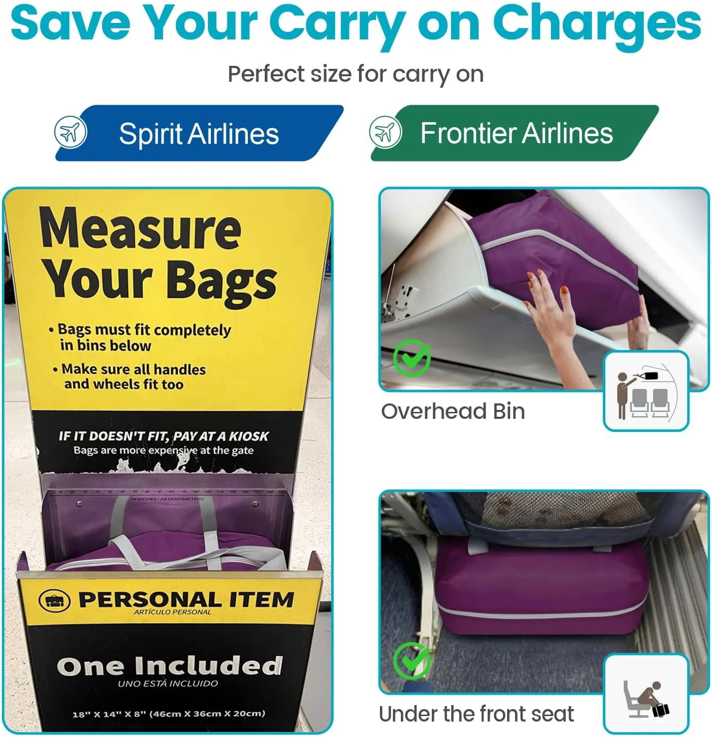 Cambond Spirit Airlines Personal Item Bag 18x14x8 Inch - 30L Carry on Personal Item Travel Bags for Short Trip, Lightweight Compact Underseat Foldable Travel Duffel Bags, Purple