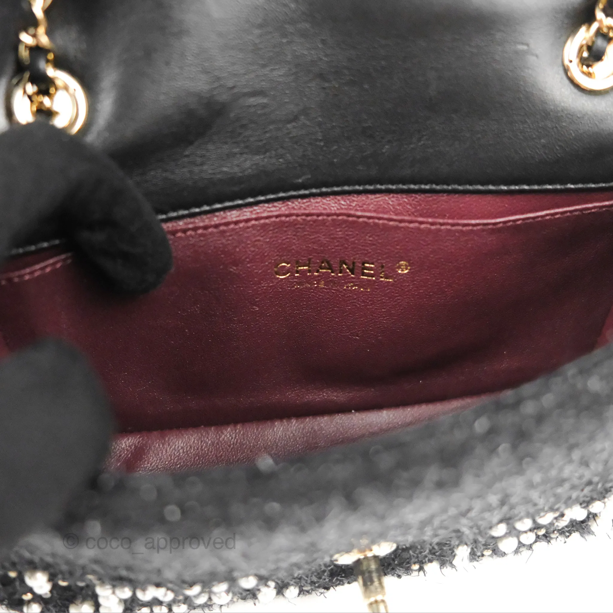 Chanel Black Faux Pearl Embellished Tweed Mini Cosmos Flap Bag
