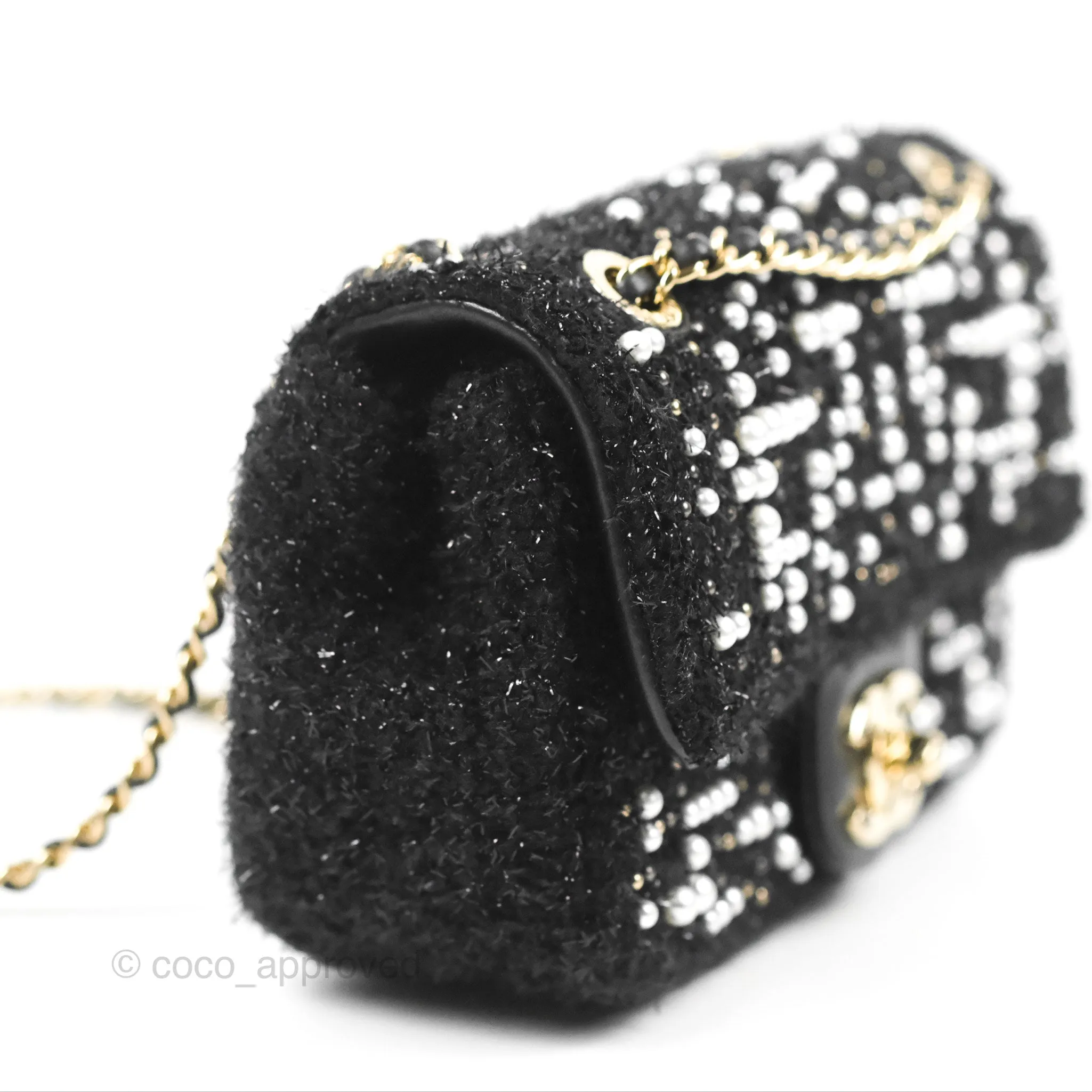 Chanel Black Faux Pearl Embellished Tweed Mini Cosmos Flap Bag