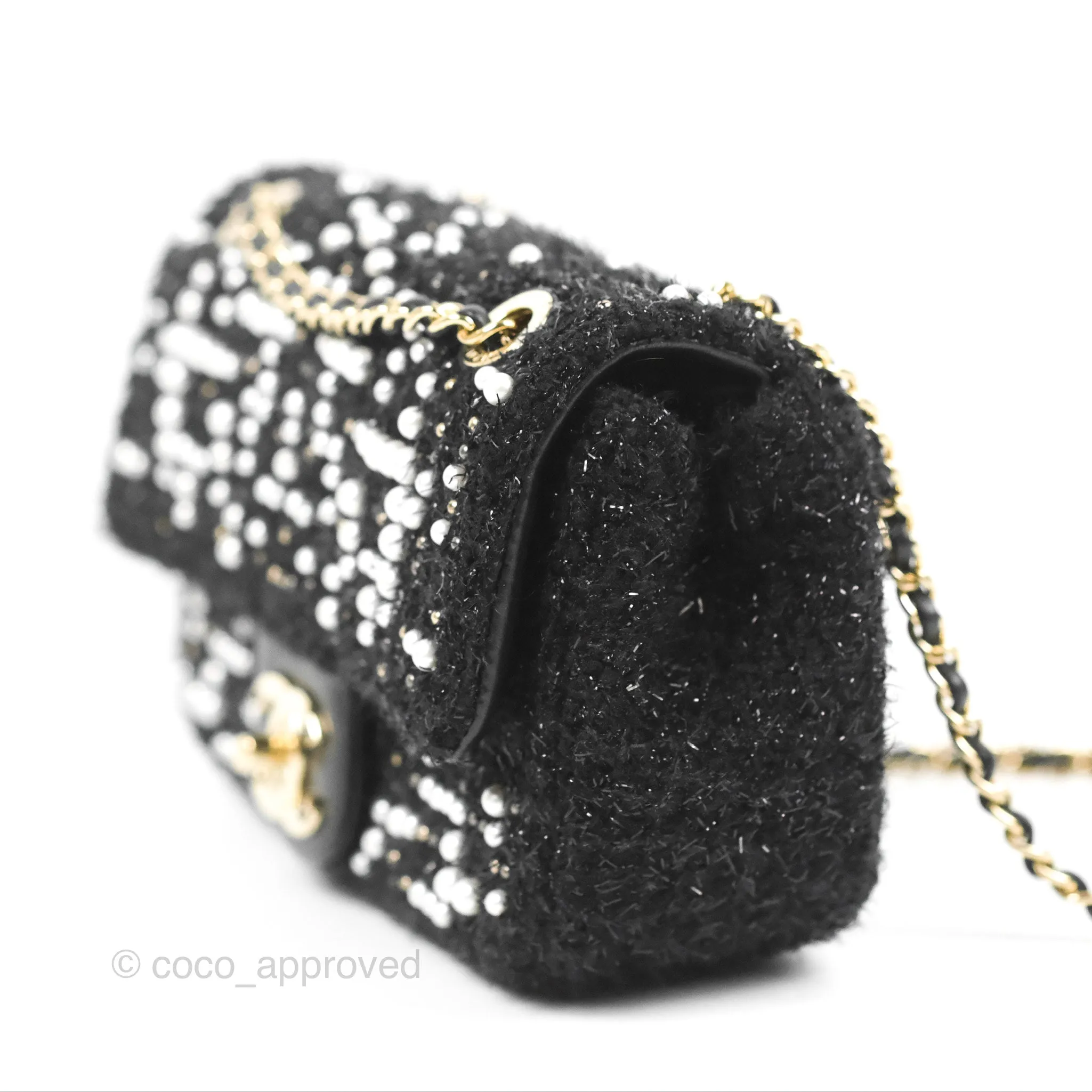 Chanel Black Faux Pearl Embellished Tweed Mini Cosmos Flap Bag