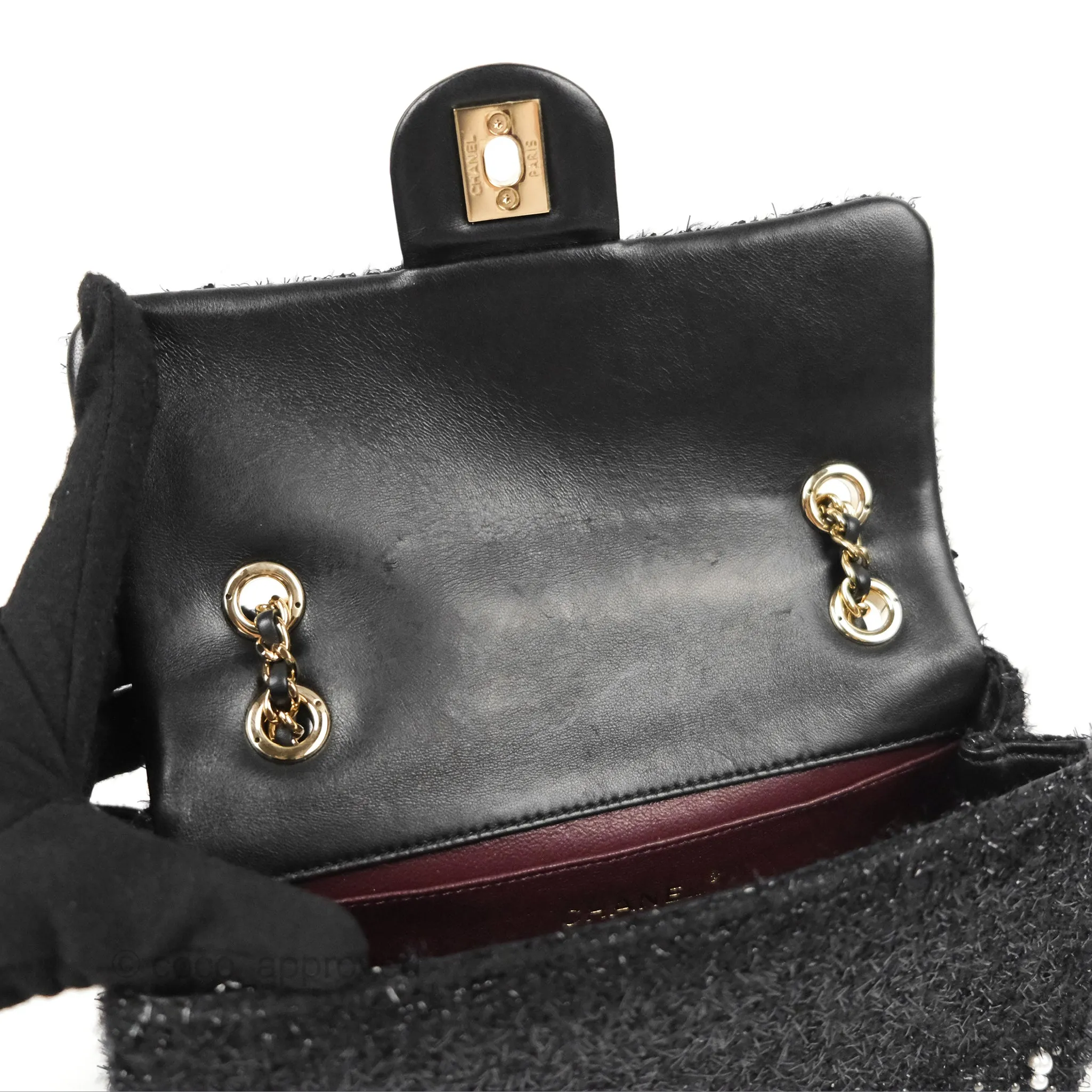 Chanel Black Faux Pearl Embellished Tweed Mini Cosmos Flap Bag
