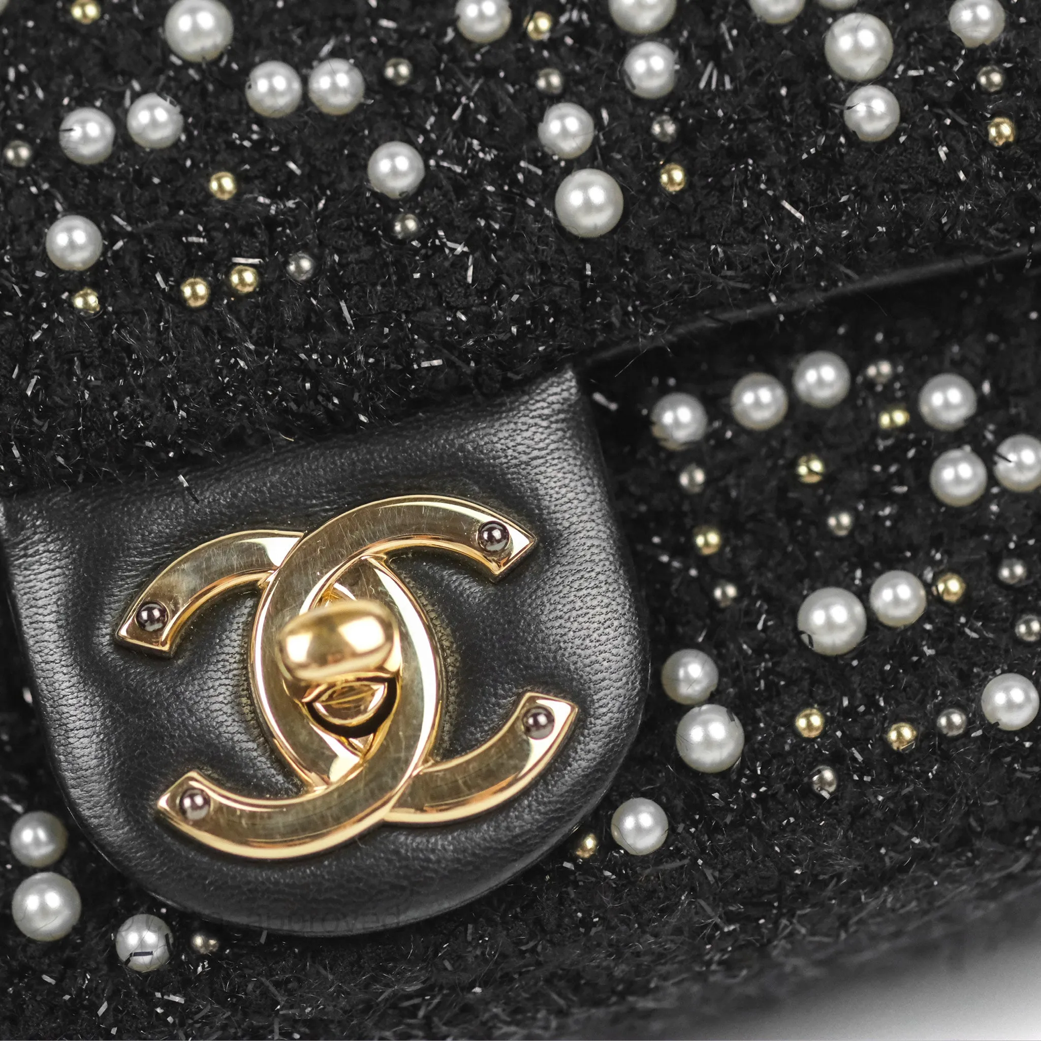 Chanel Black Faux Pearl Embellished Tweed Mini Cosmos Flap Bag