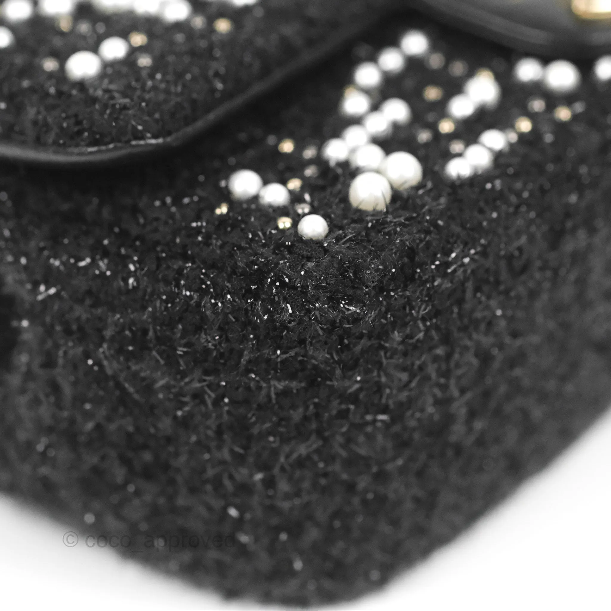 Chanel Black Faux Pearl Embellished Tweed Mini Cosmos Flap Bag