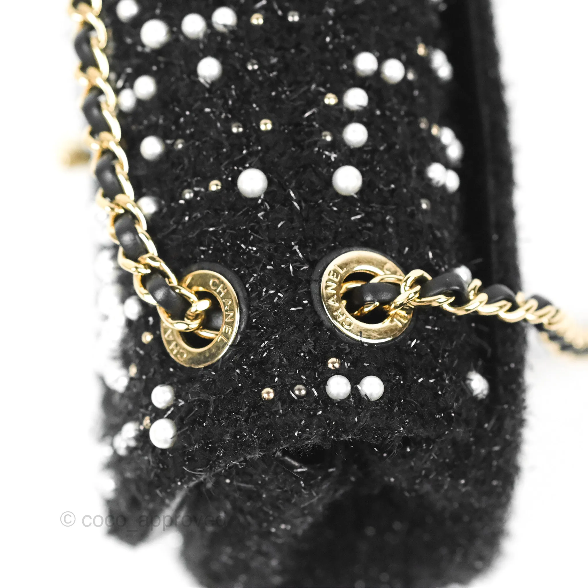 Chanel Black Faux Pearl Embellished Tweed Mini Cosmos Flap Bag