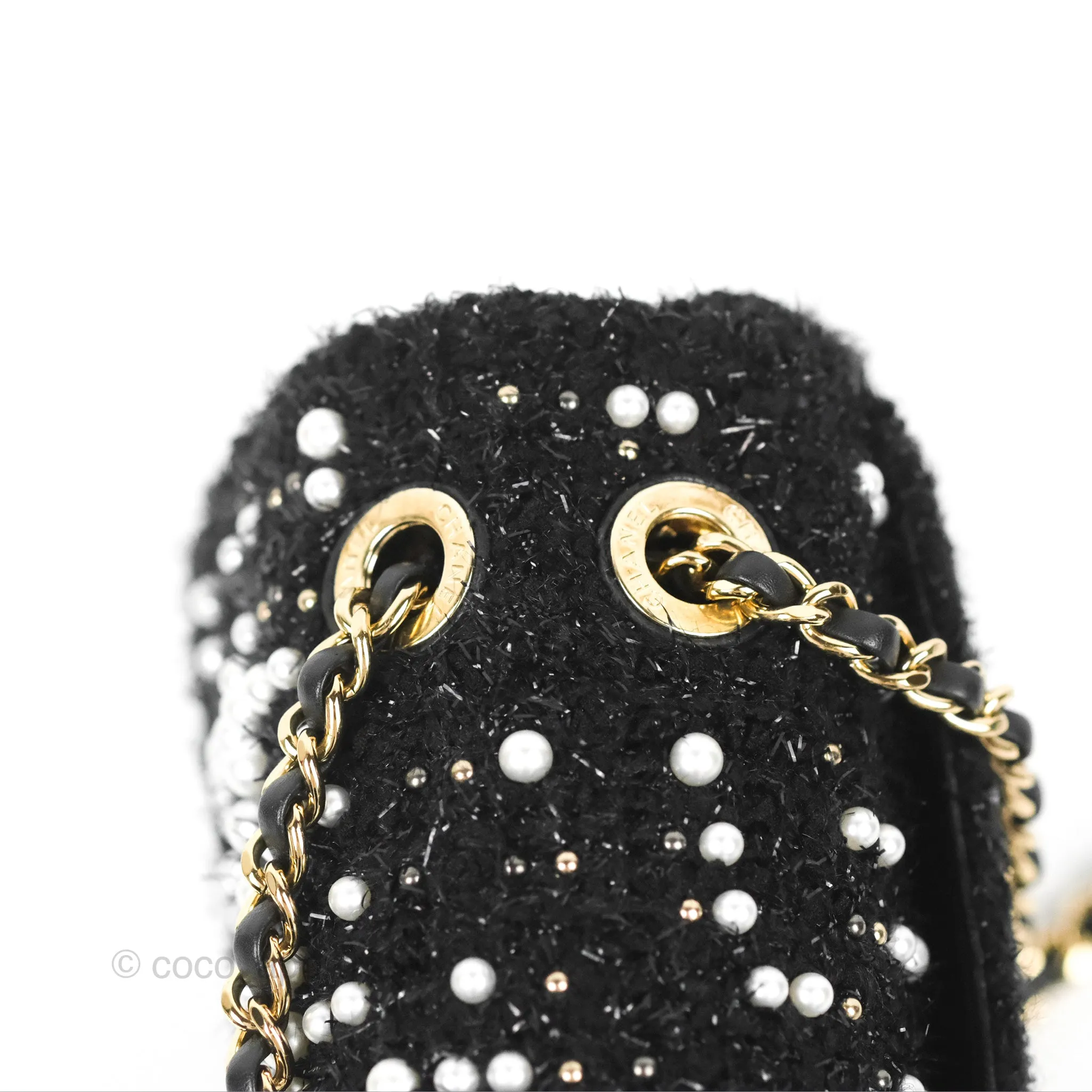 Chanel Black Faux Pearl Embellished Tweed Mini Cosmos Flap Bag