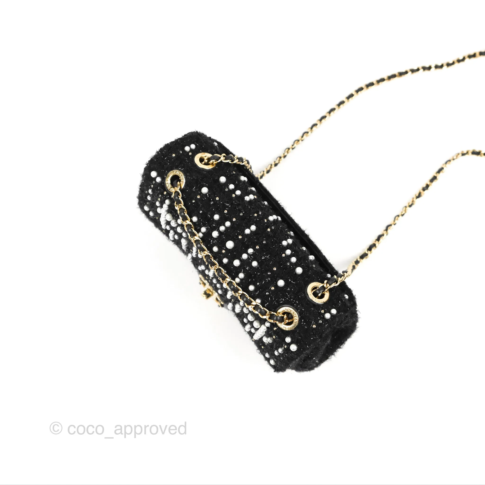 Chanel Black Faux Pearl Embellished Tweed Mini Cosmos Flap Bag