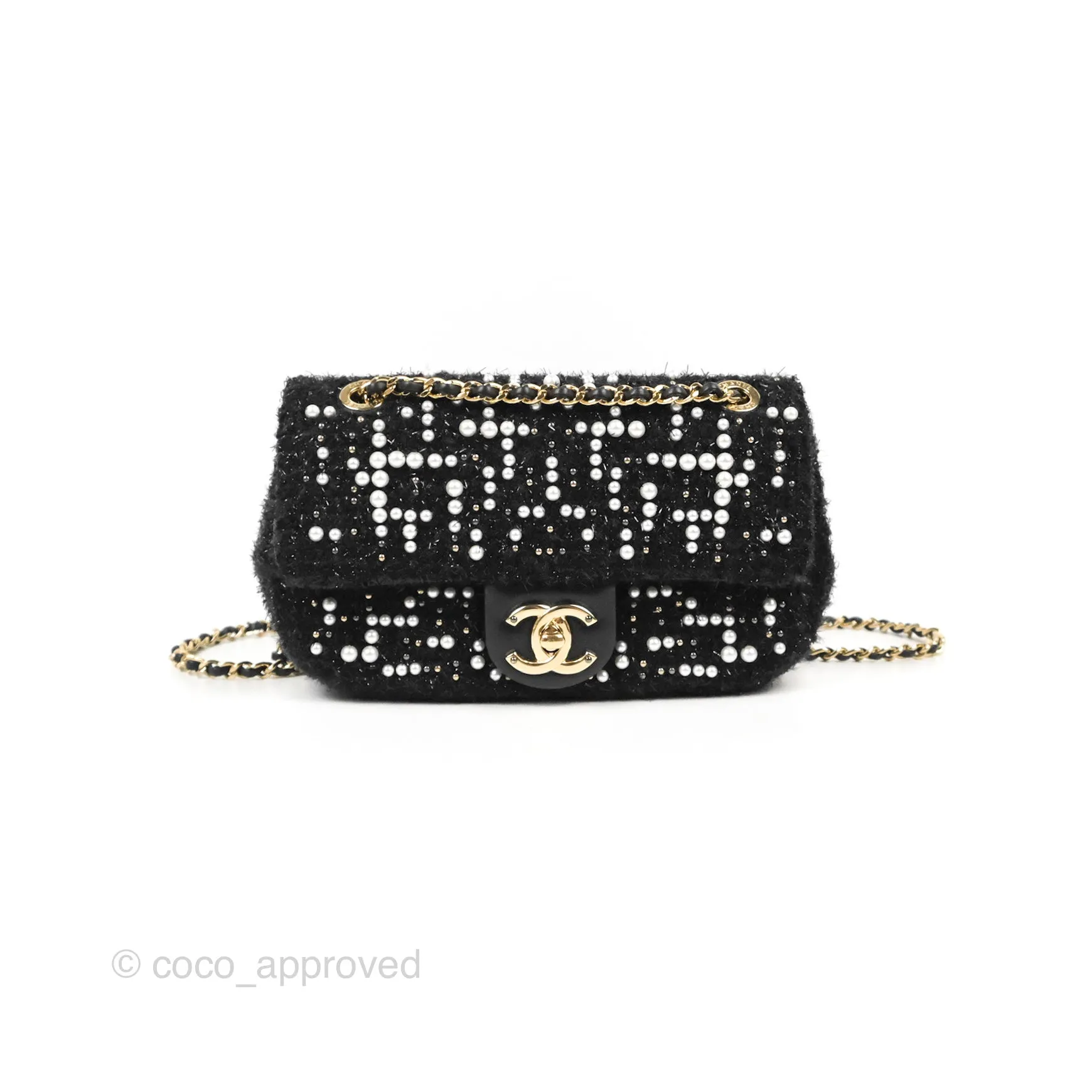 Chanel Black Faux Pearl Embellished Tweed Mini Cosmos Flap Bag
