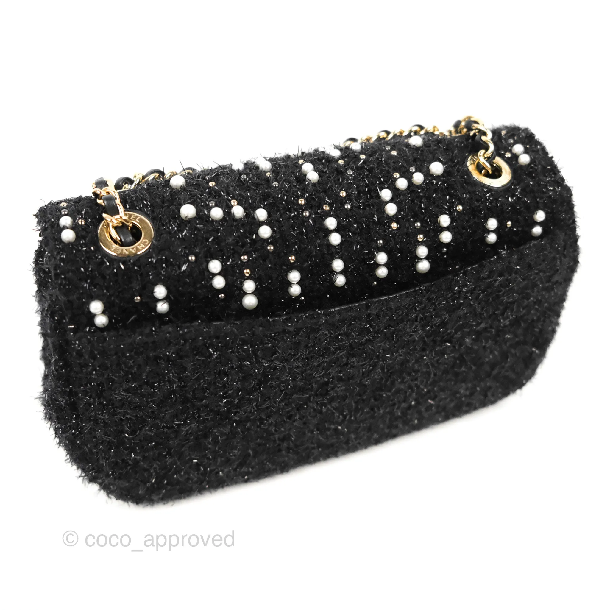 Chanel Black Faux Pearl Embellished Tweed Mini Cosmos Flap Bag