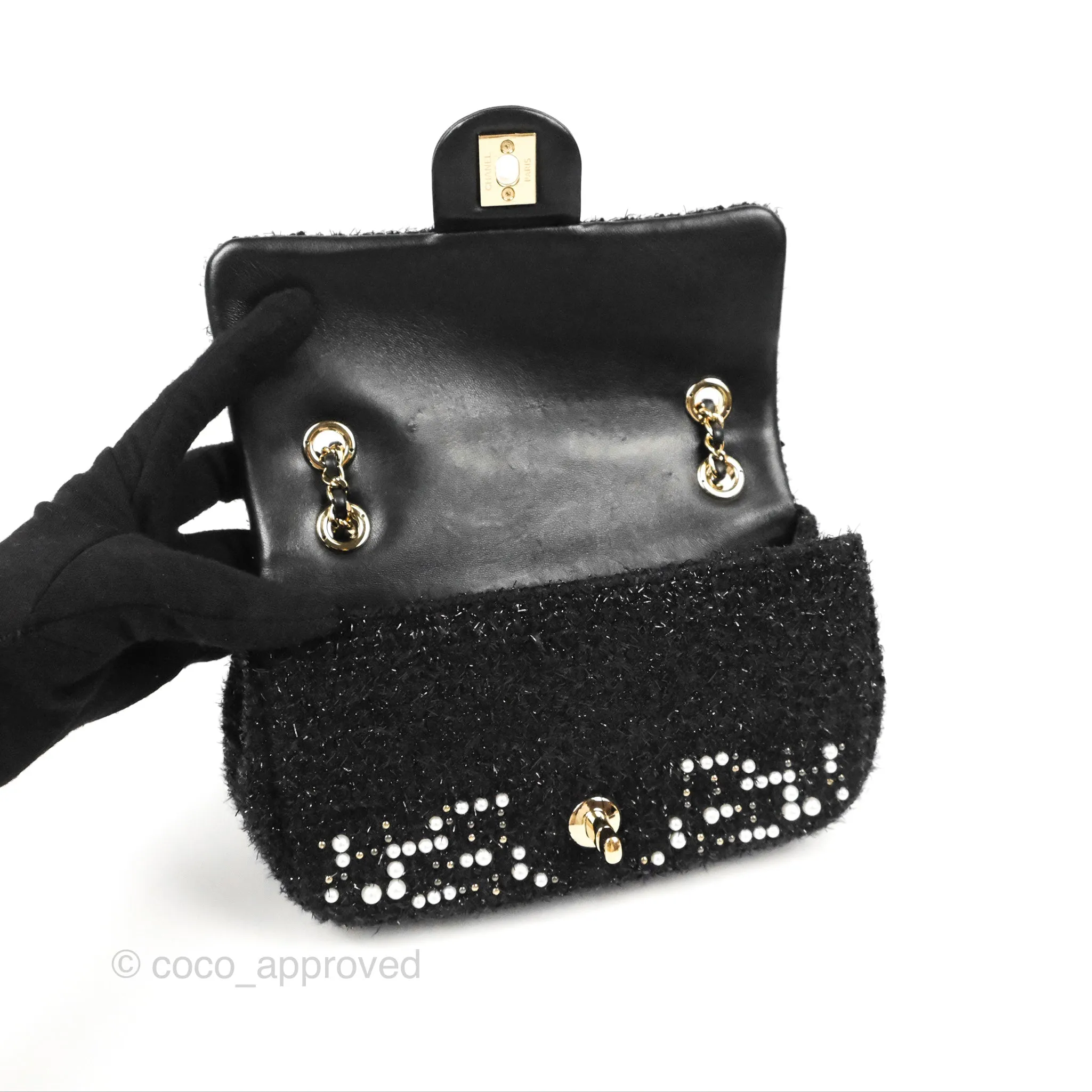 Chanel Black Faux Pearl Embellished Tweed Mini Cosmos Flap Bag