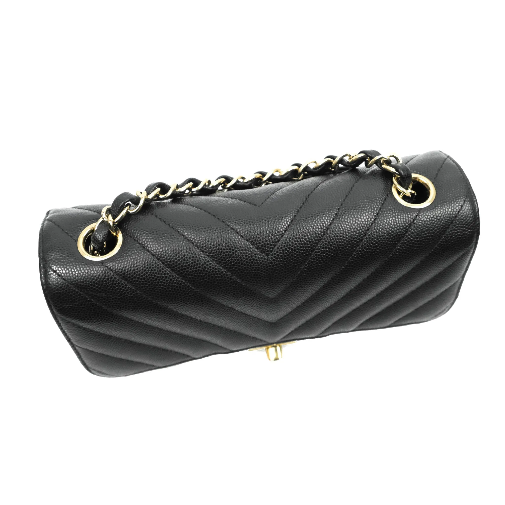 Chanel Chevron Mini Rectangular Flap Black Caviar Gold Hardware
