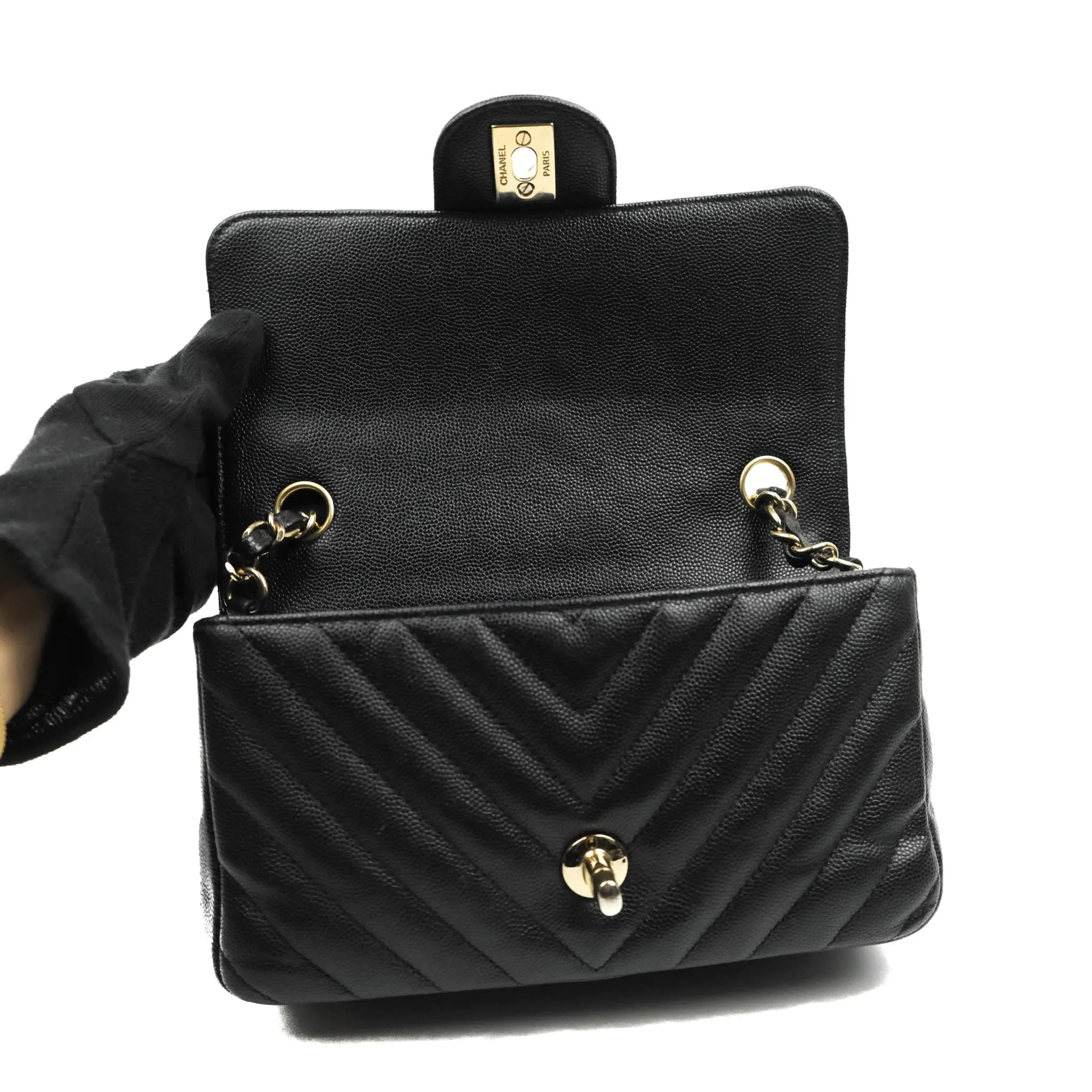 Chanel Chevron Mini Rectangular Flap Black Caviar Gold Hardware