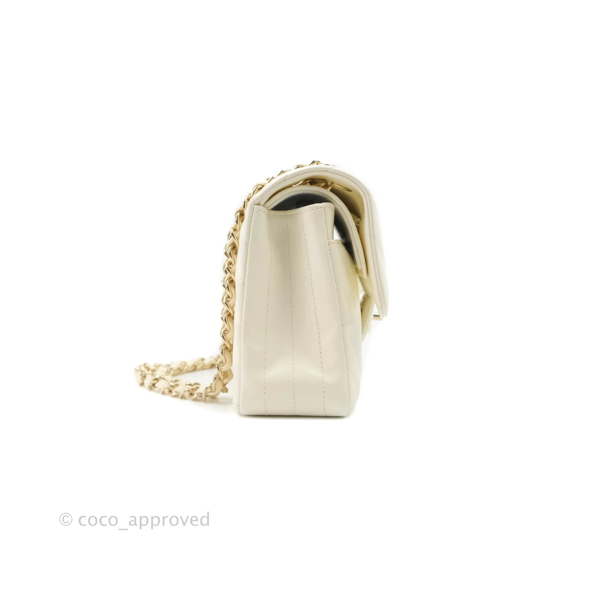 Chanel Classic Chevron S/M Small Double Flap Ivory White Lambskin Gold Hardware