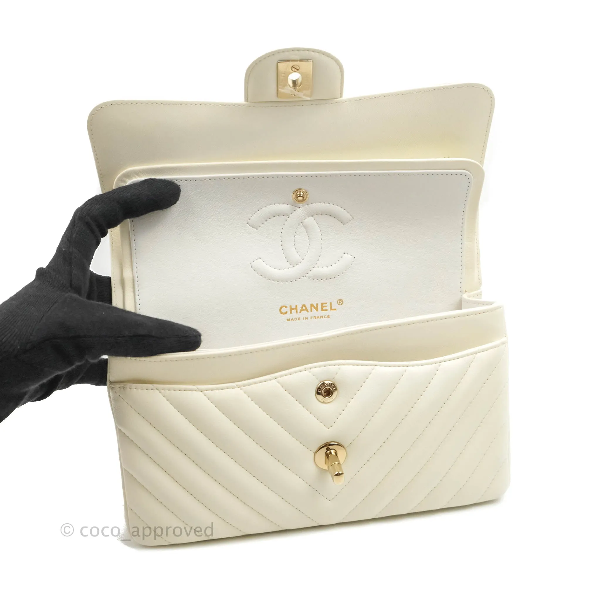 Chanel Classic Chevron S/M Small Double Flap Ivory White Lambskin Gold Hardware