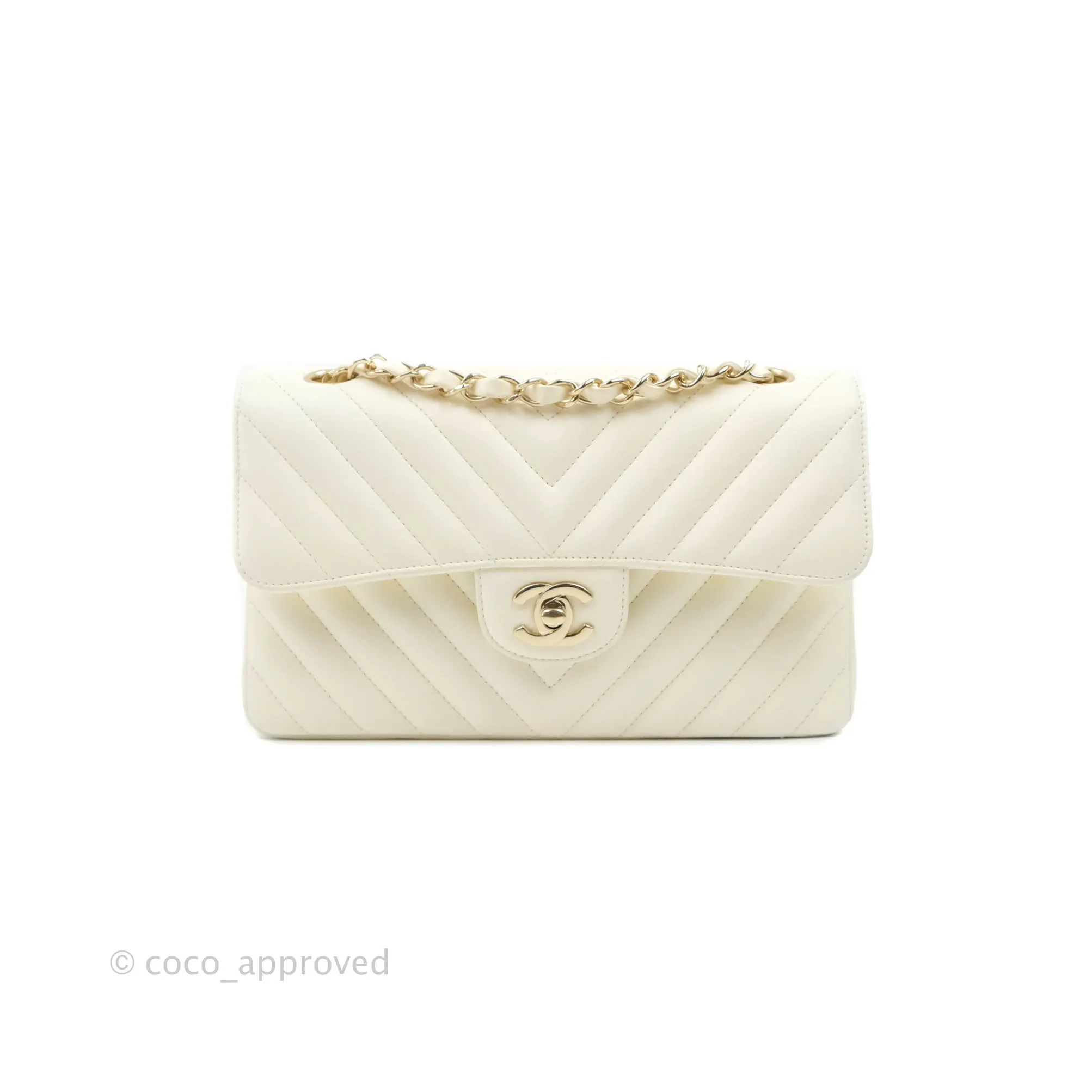 Chanel Classic Chevron S/M Small Double Flap Ivory White Lambskin Gold Hardware