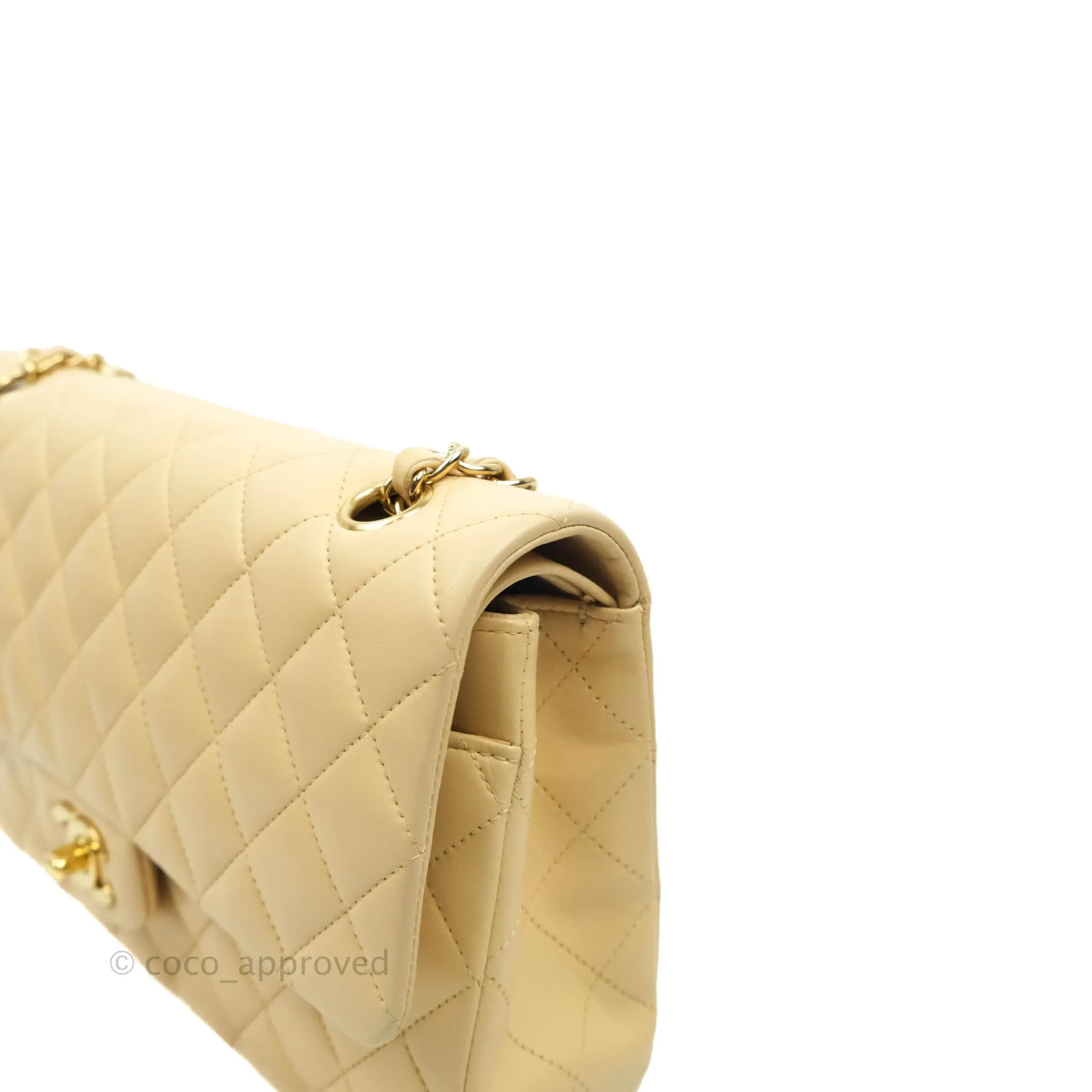 Chanel Classic M/L Medium Double Flap Beige Lambskin Gold Hardware Metal