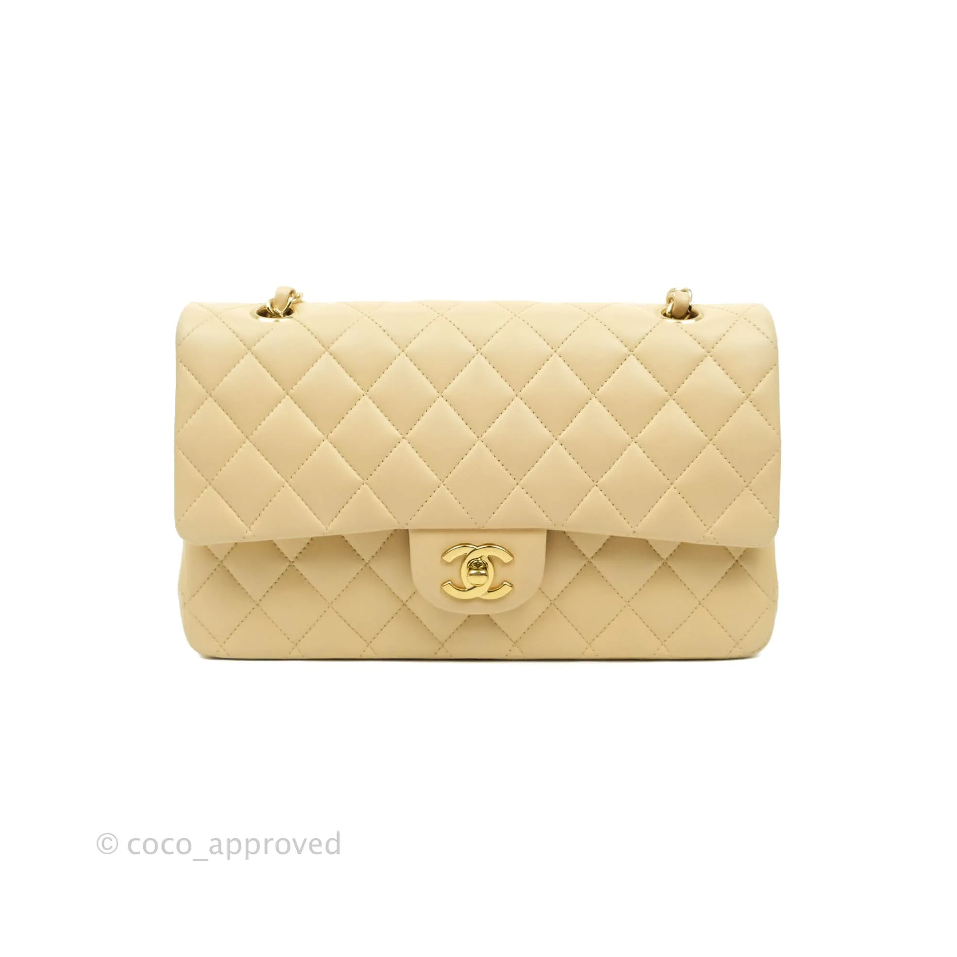 Chanel Classic M/L Medium Double Flap Beige Lambskin Gold Hardware Metal
