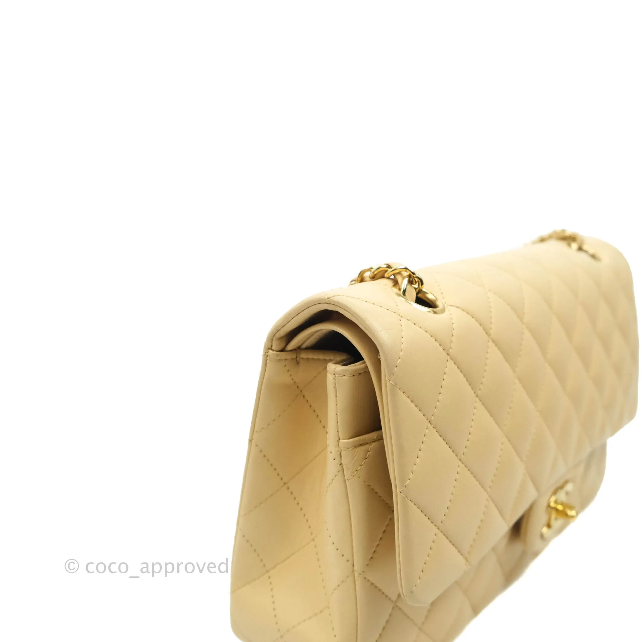 Chanel Classic M/L Medium Double Flap Beige Lambskin Gold Hardware Metal