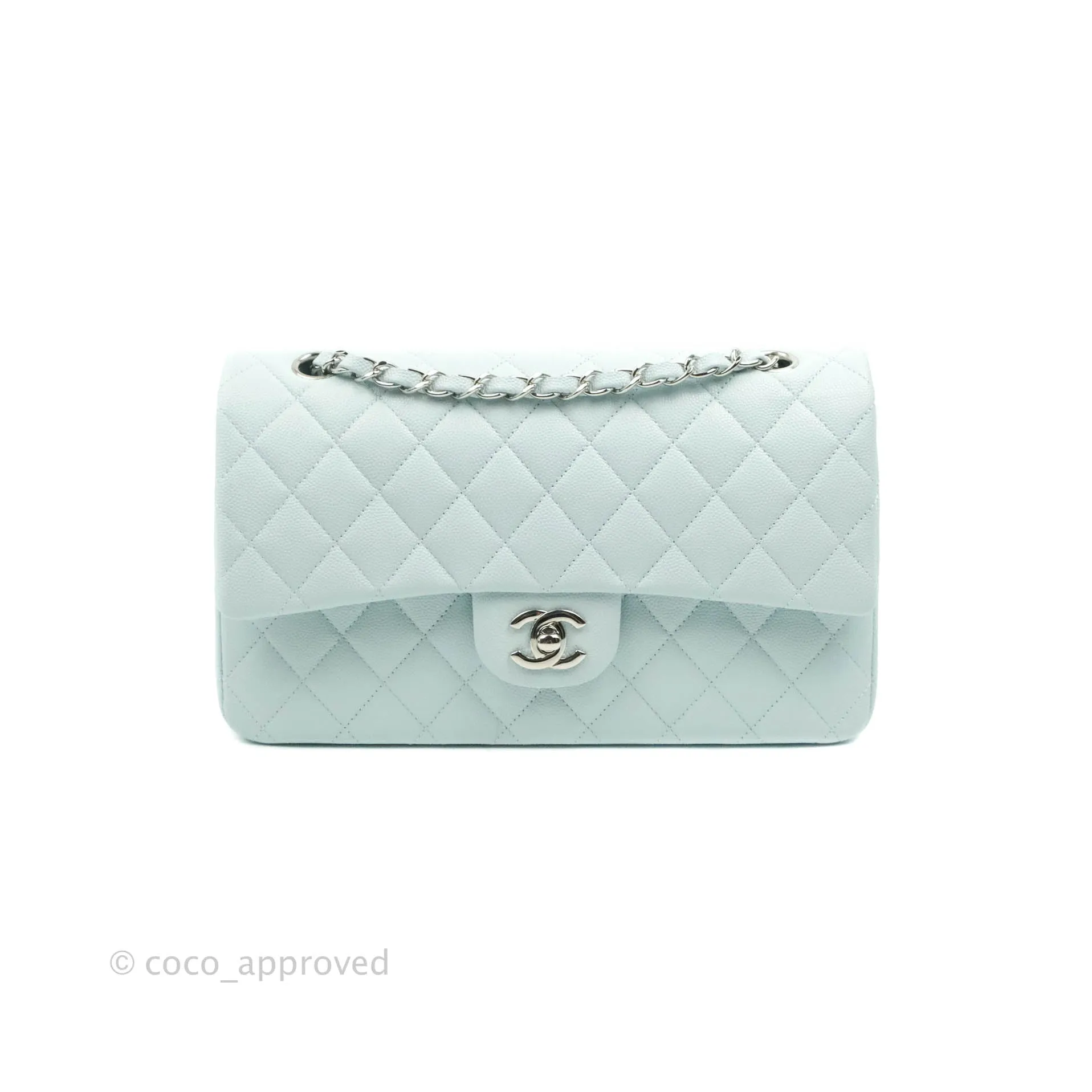 Chanel Classic M/L Medium Double Flap Blue Caviar Silver Hardware 21K