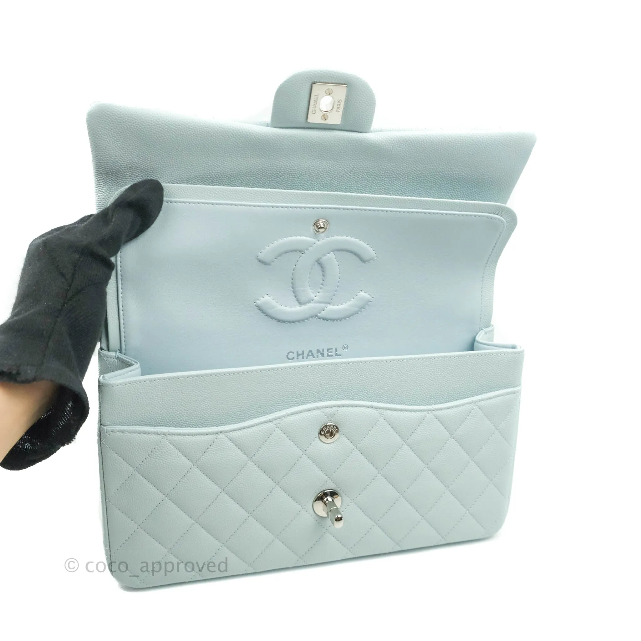 Chanel Classic M/L Medium Double Flap Blue Caviar Silver Hardware 21K