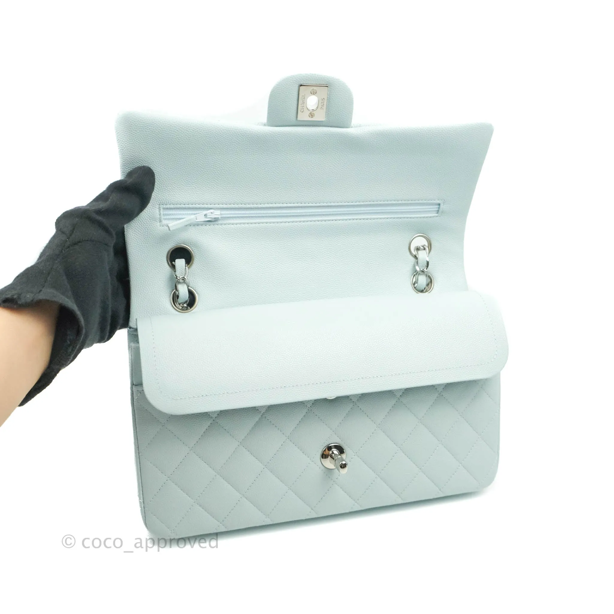 Chanel Classic M/L Medium Double Flap Blue Caviar Silver Hardware 21K