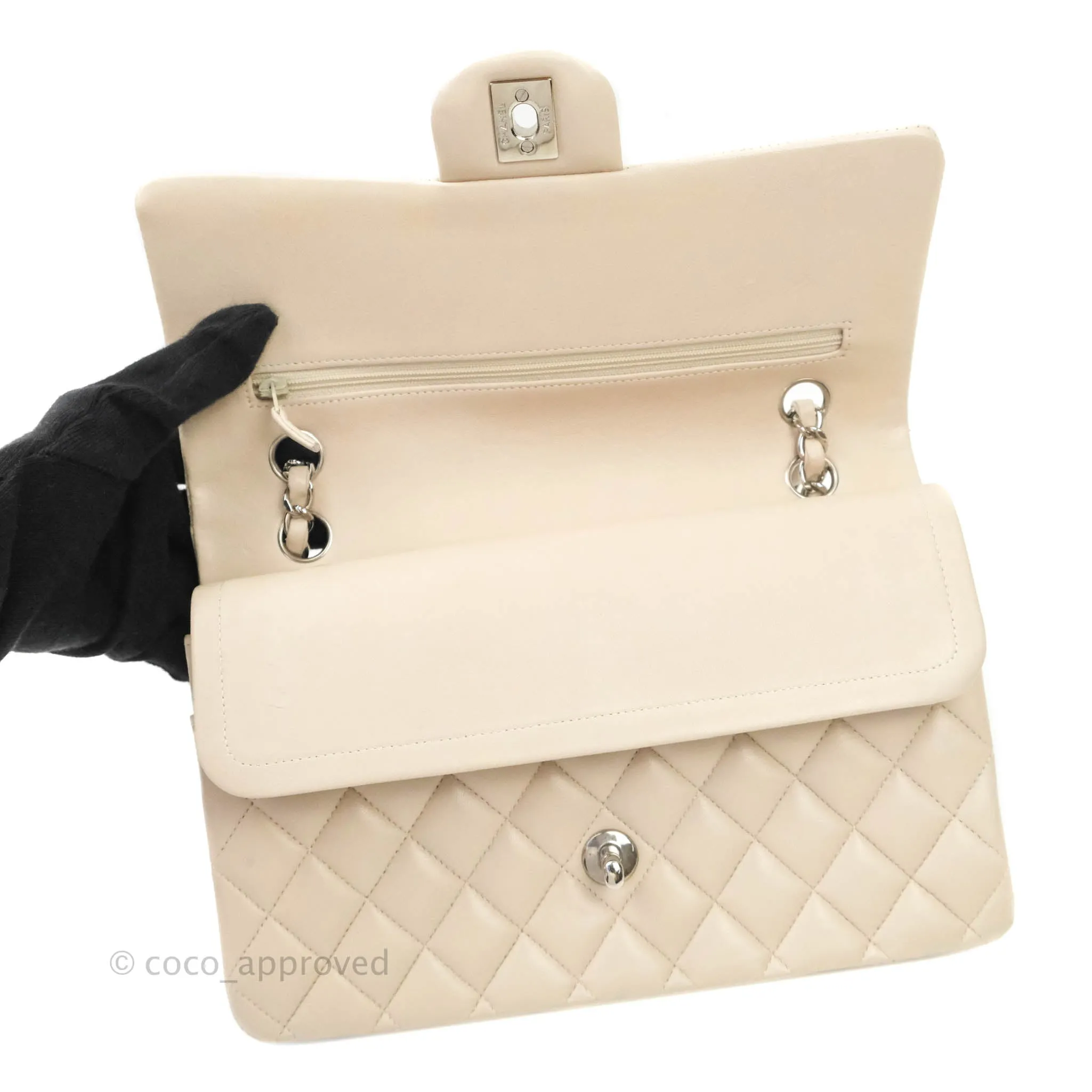 Chanel Classic M/L Medium Double Flap Cream Lambskin Silver Hardware