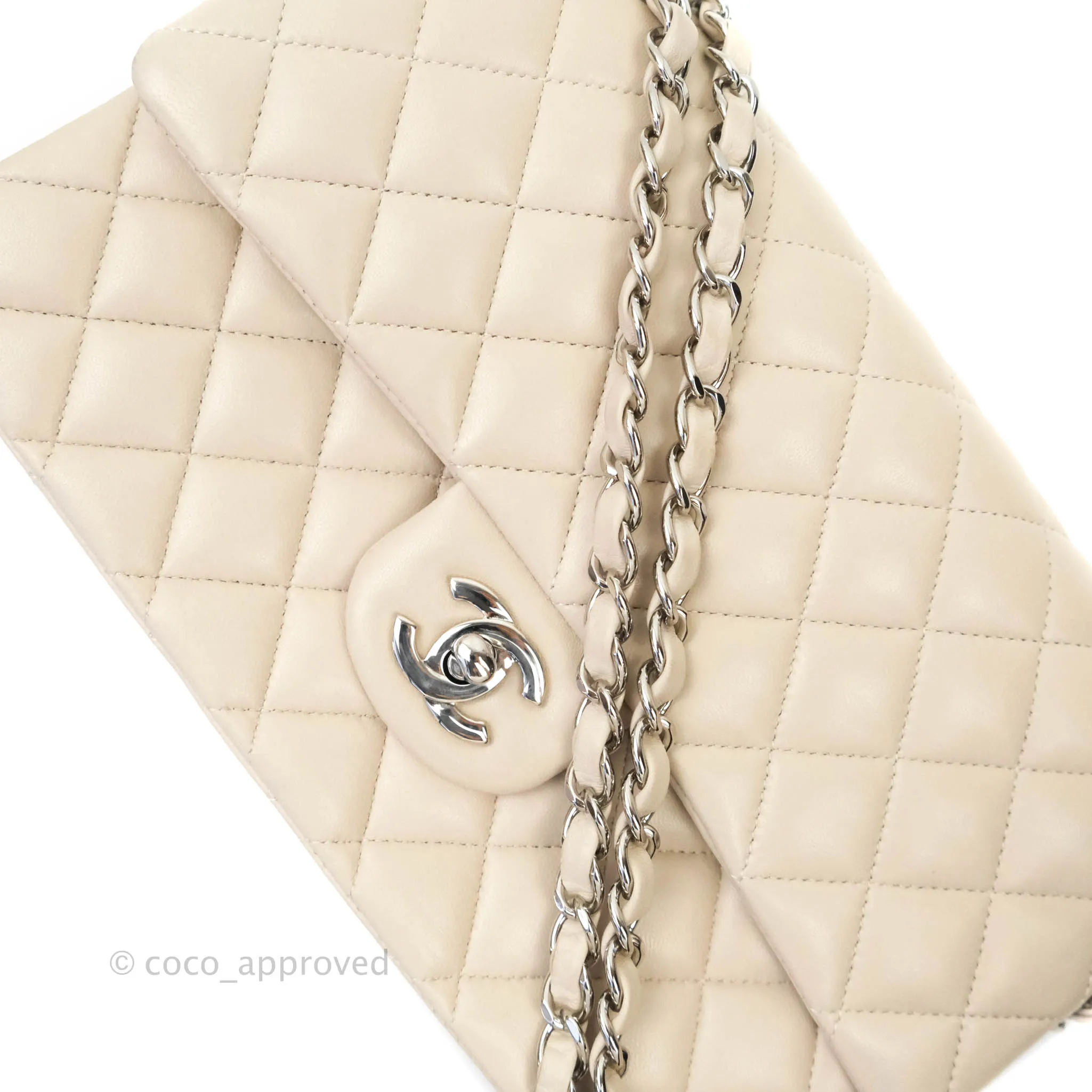 Chanel Classic M/L Medium Double Flap Cream Lambskin Silver Hardware