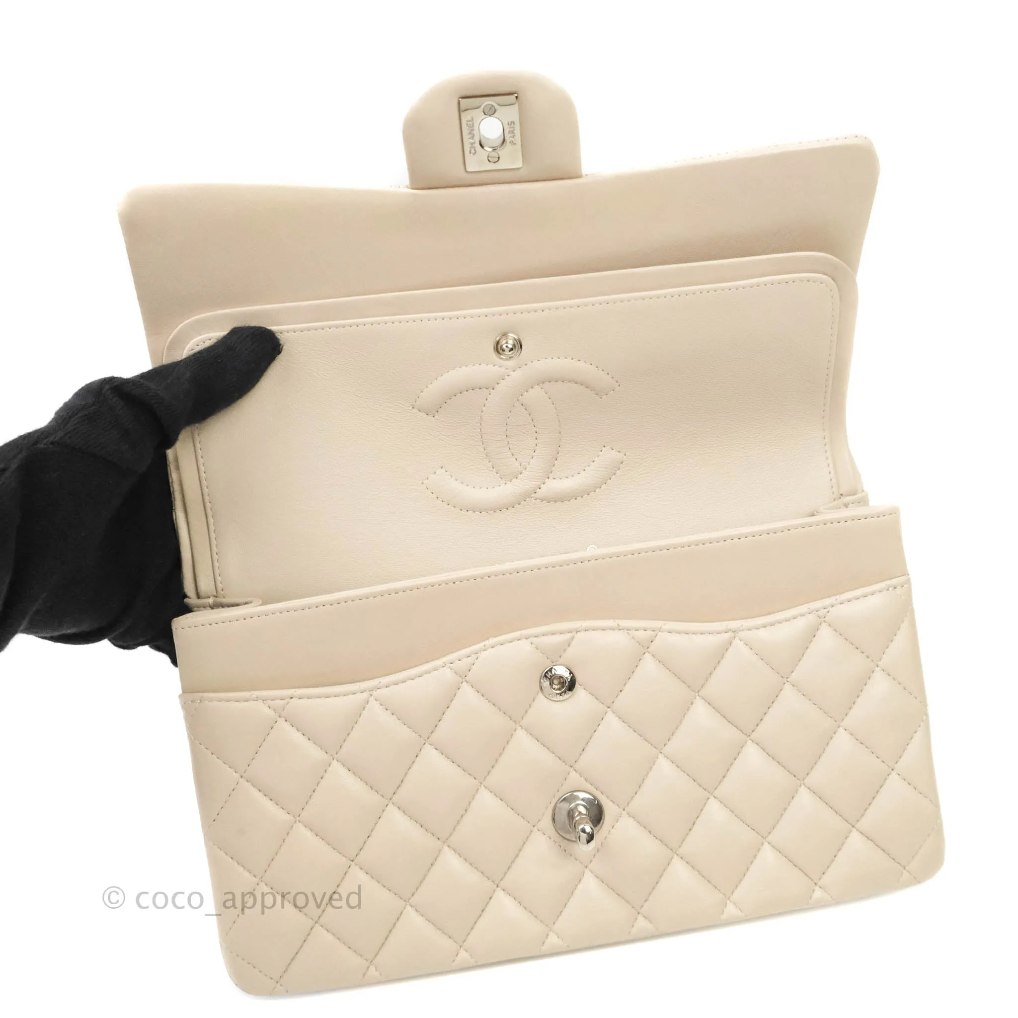 Chanel Classic M/L Medium Double Flap Cream Lambskin Silver Hardware