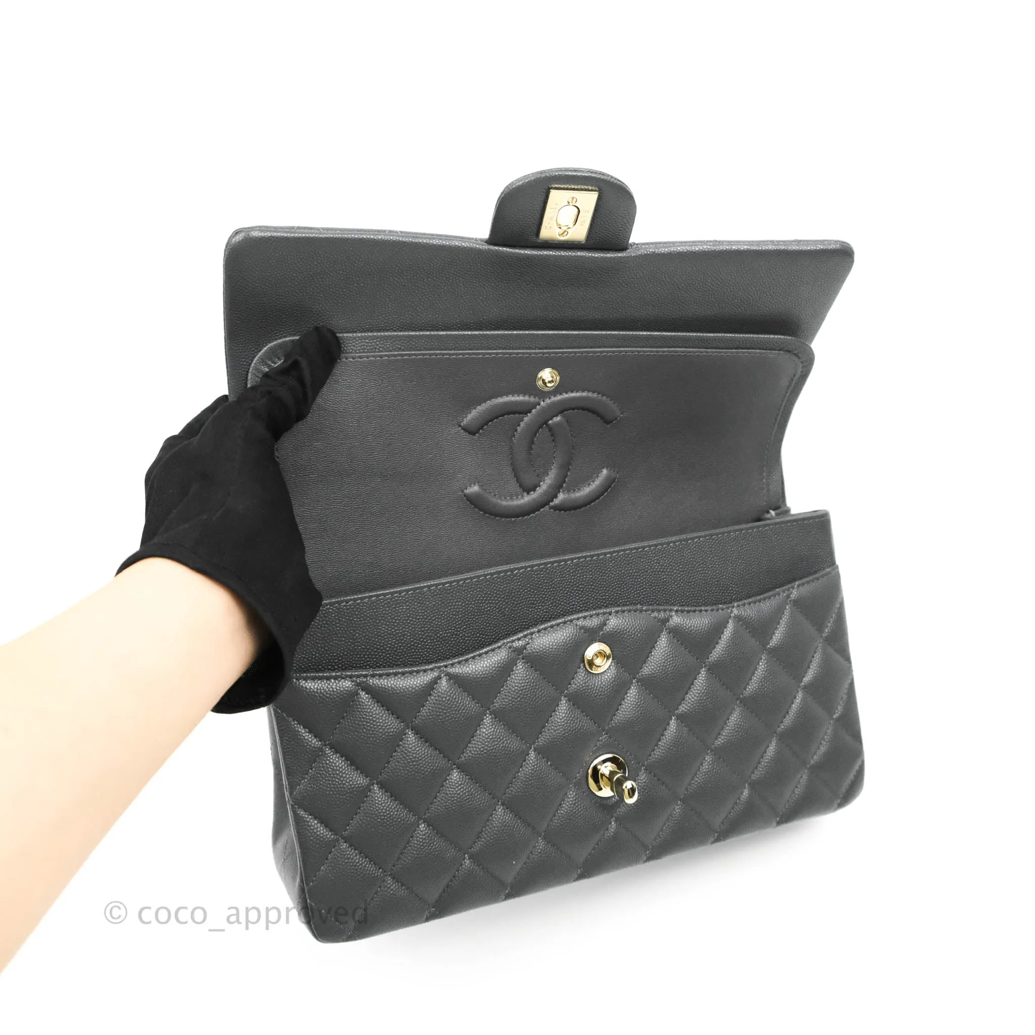 Chanel Classic M/L Medium Double Flap Dark Grey Caviar Gold Hardware