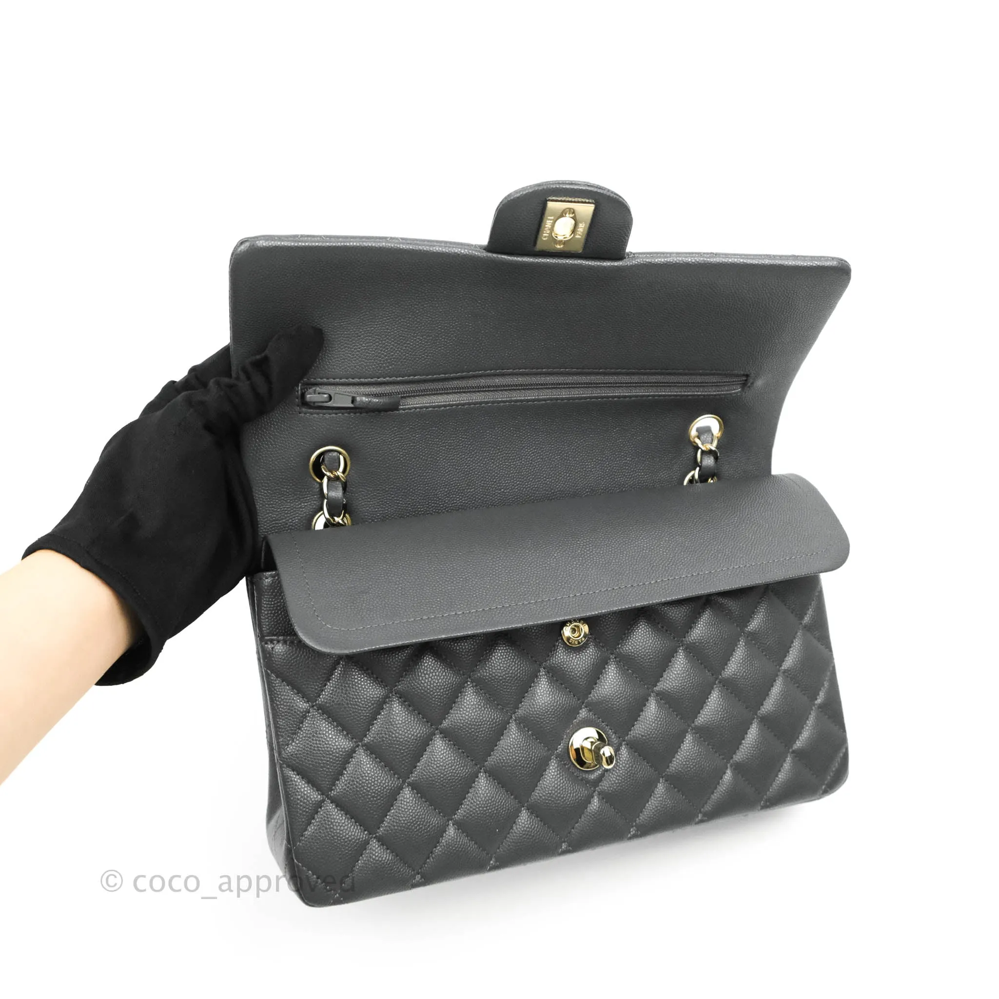 Chanel Classic M/L Medium Double Flap Dark Grey Caviar Gold Hardware