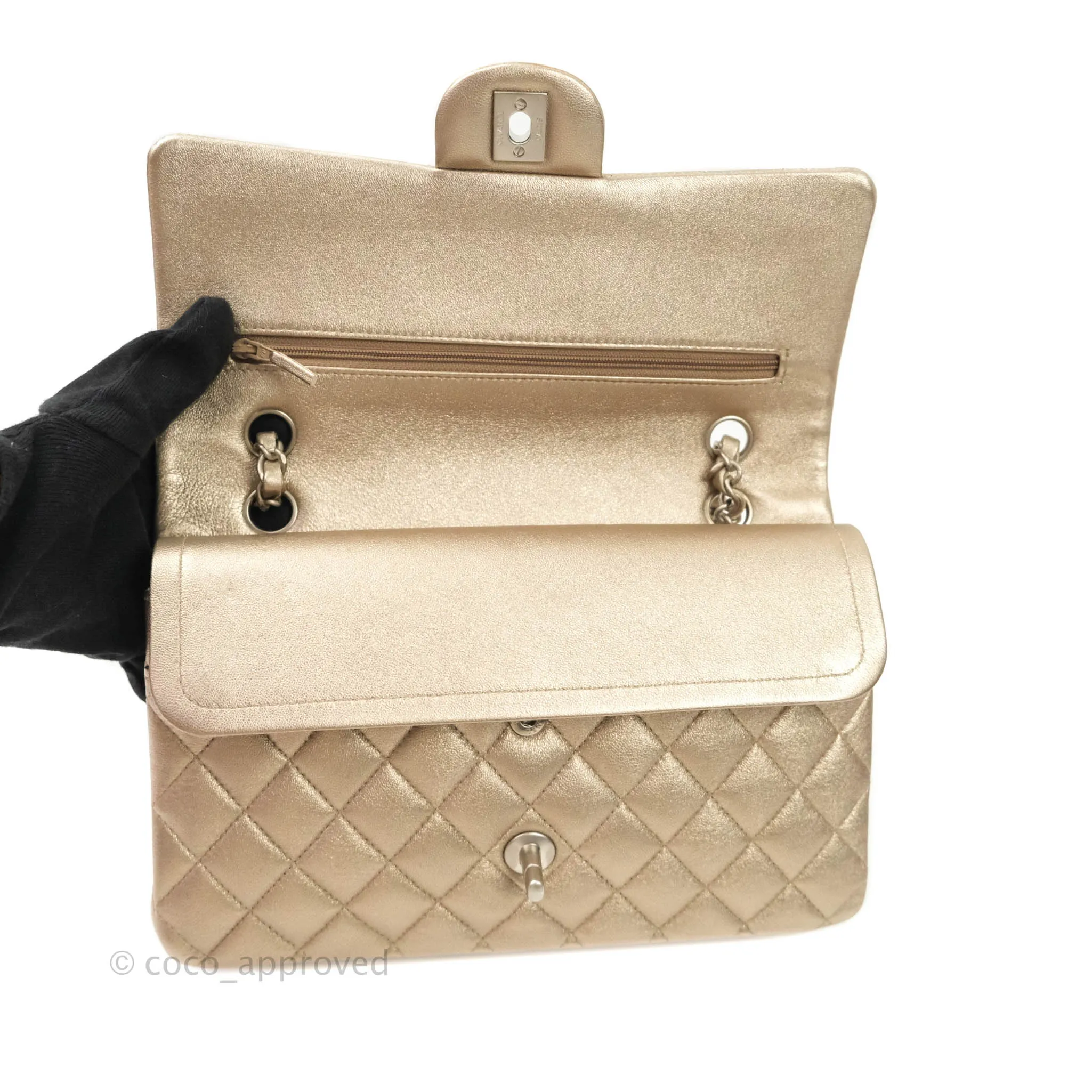 Chanel Classic M/L Medium Double Flap Metallic Bronze Lambskin Matte Silver Hardware