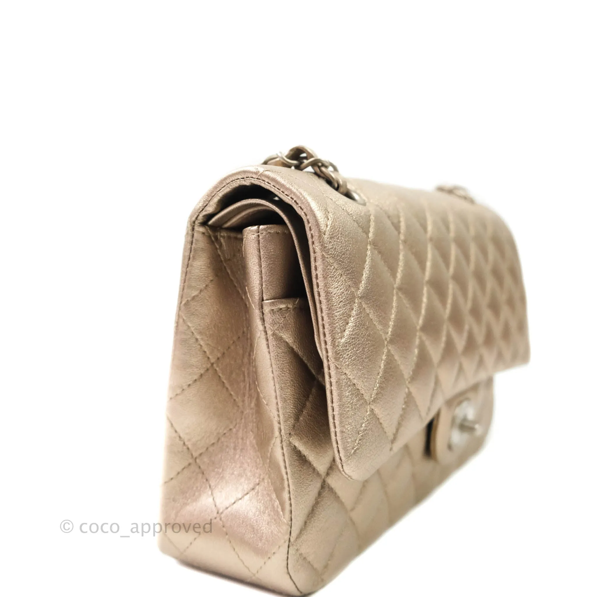 Chanel Classic M/L Medium Double Flap Metallic Bronze Lambskin Matte Silver Hardware