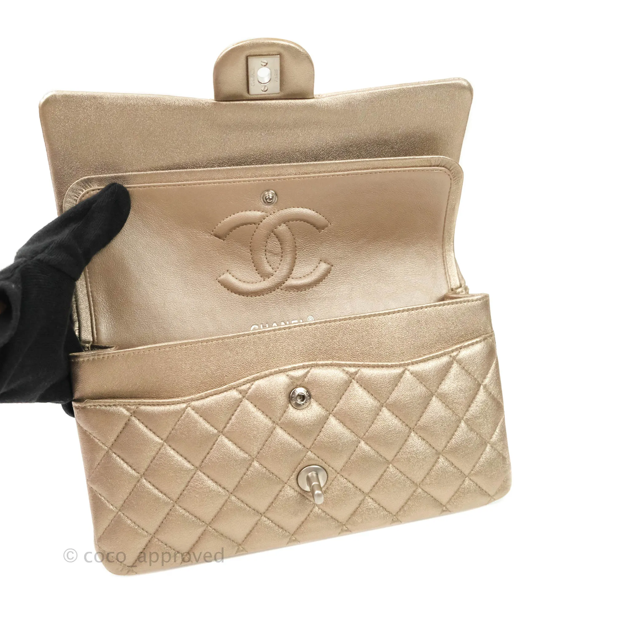 Chanel Classic M/L Medium Double Flap Metallic Bronze Lambskin Matte Silver Hardware