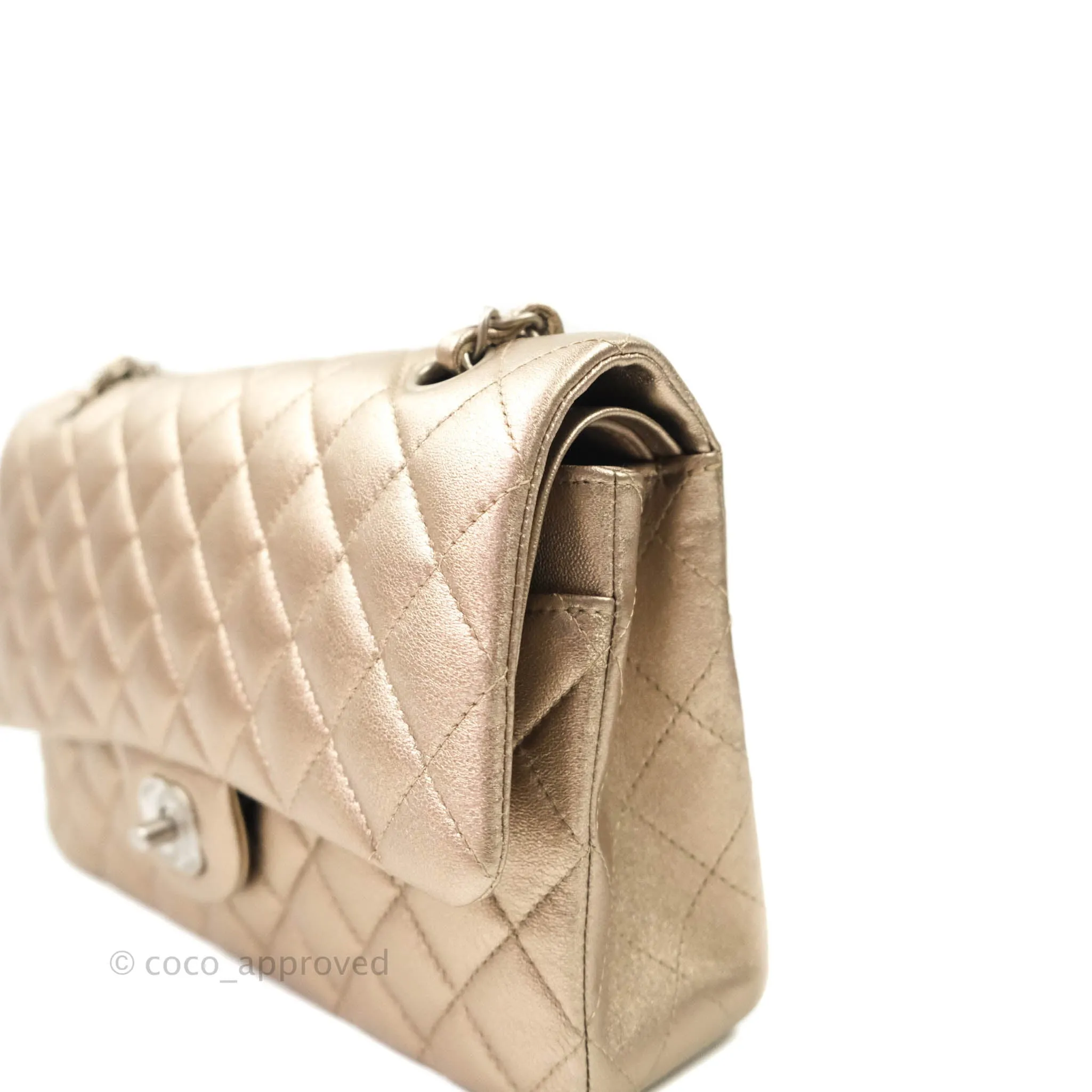 Chanel Classic M/L Medium Double Flap Metallic Bronze Lambskin Matte Silver Hardware