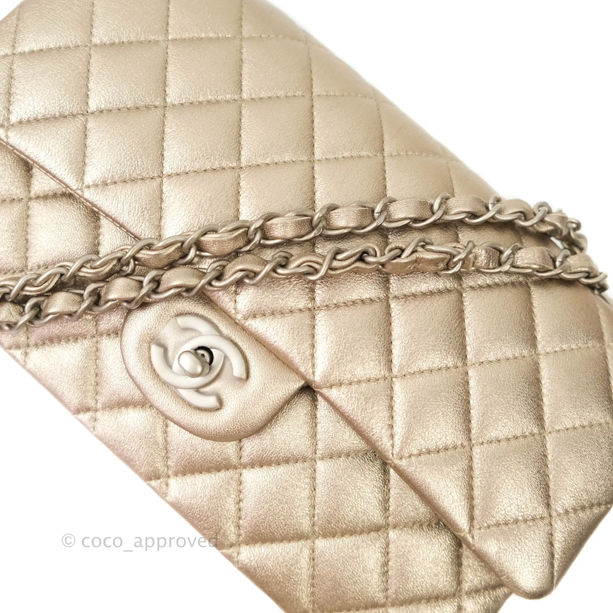 Chanel Classic M/L Medium Double Flap Metallic Bronze Lambskin Matte Silver Hardware