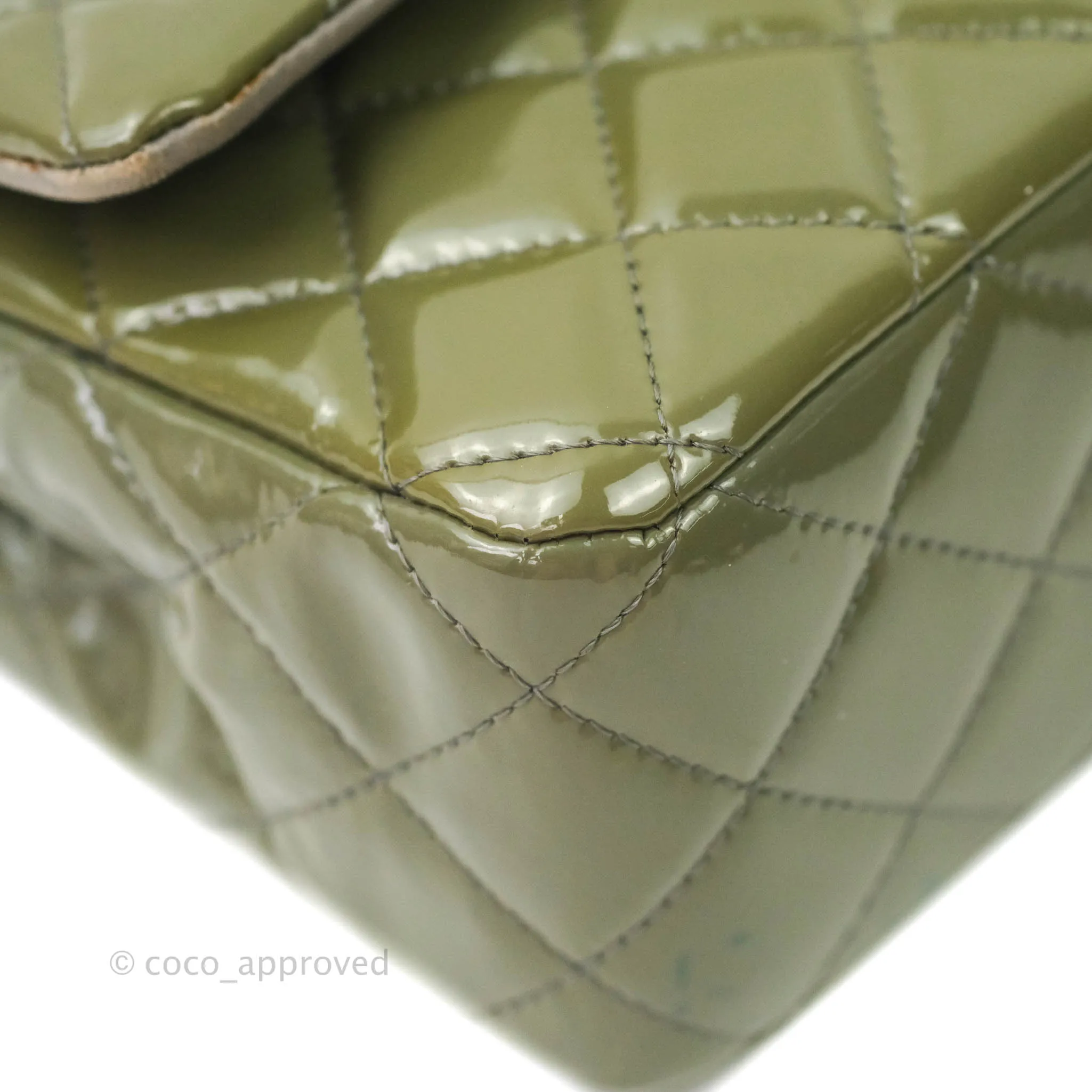 Chanel Classic M/L Medium Double Flap Olive Green Patent Silver Hardware