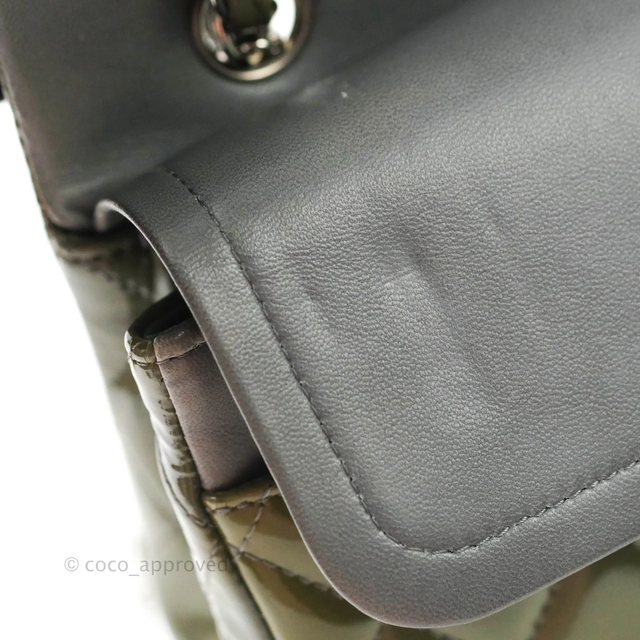 Chanel Classic M/L Medium Double Flap Olive Green Patent Silver Hardware