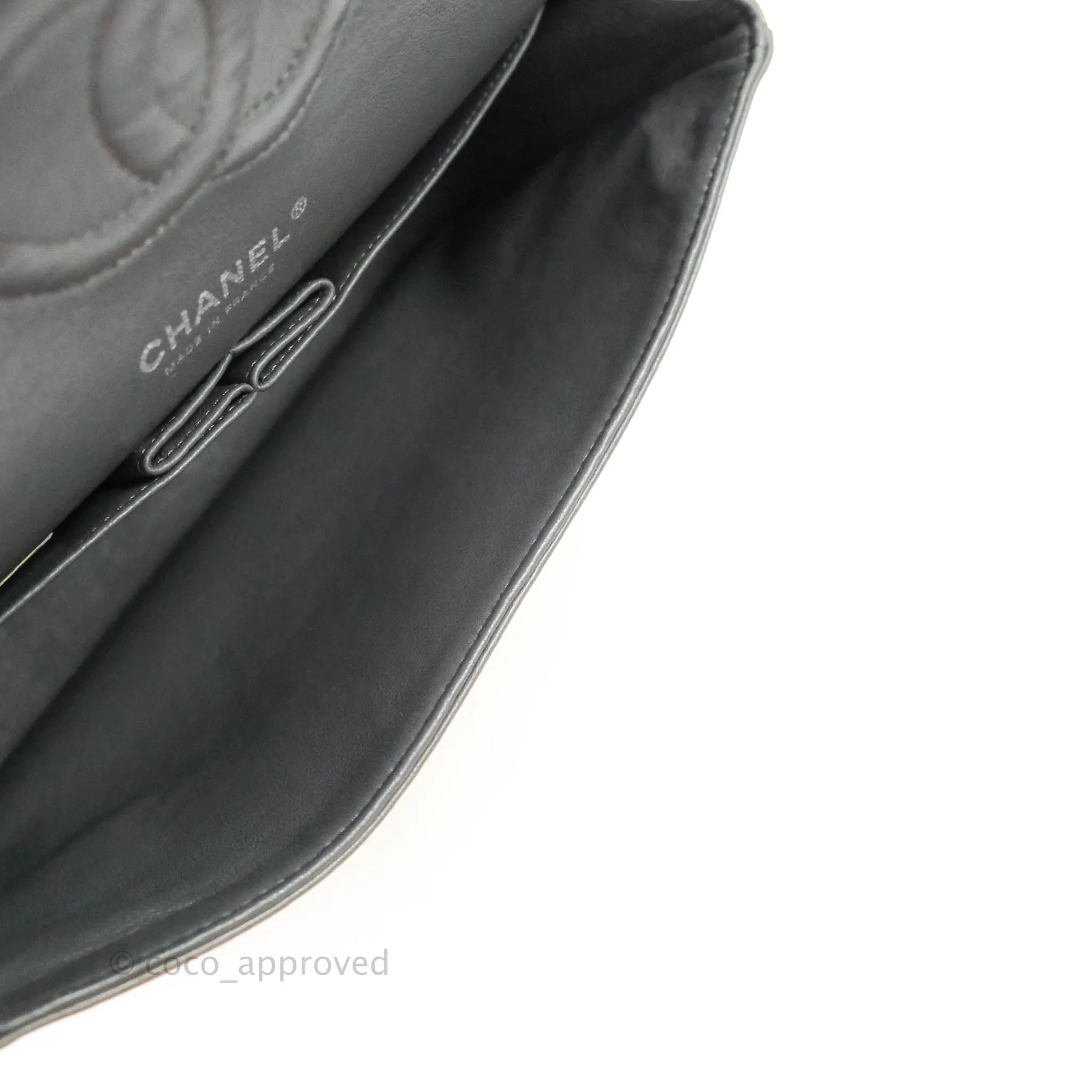 Chanel Classic M/L Medium Double Flap Olive Green Patent Silver Hardware